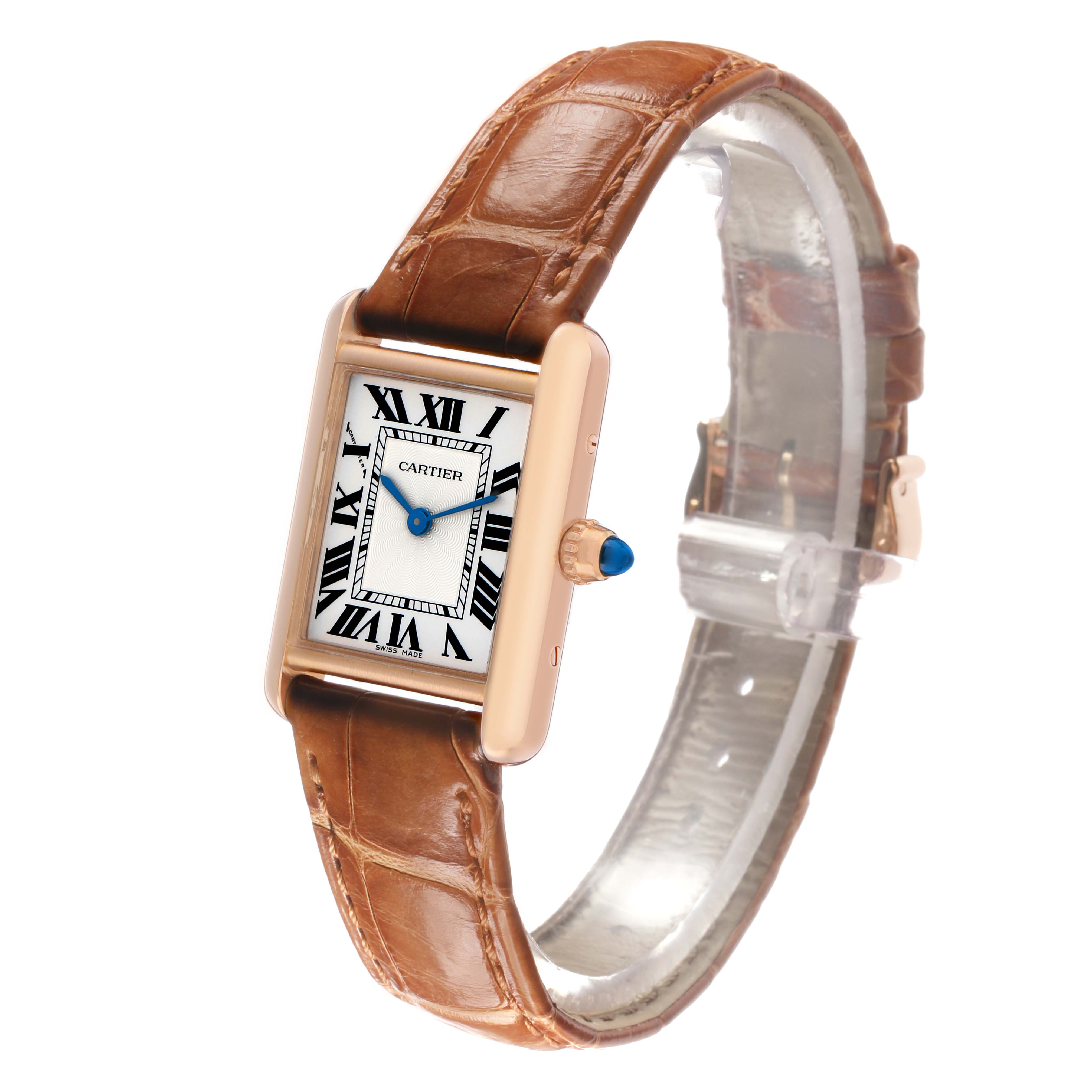 The Cartier Tank Louis WGTA0010 Women's Rose Gold Silver Dial watch is shown at a three-quarter angle, displaying its face, case, leather strap, and crown.