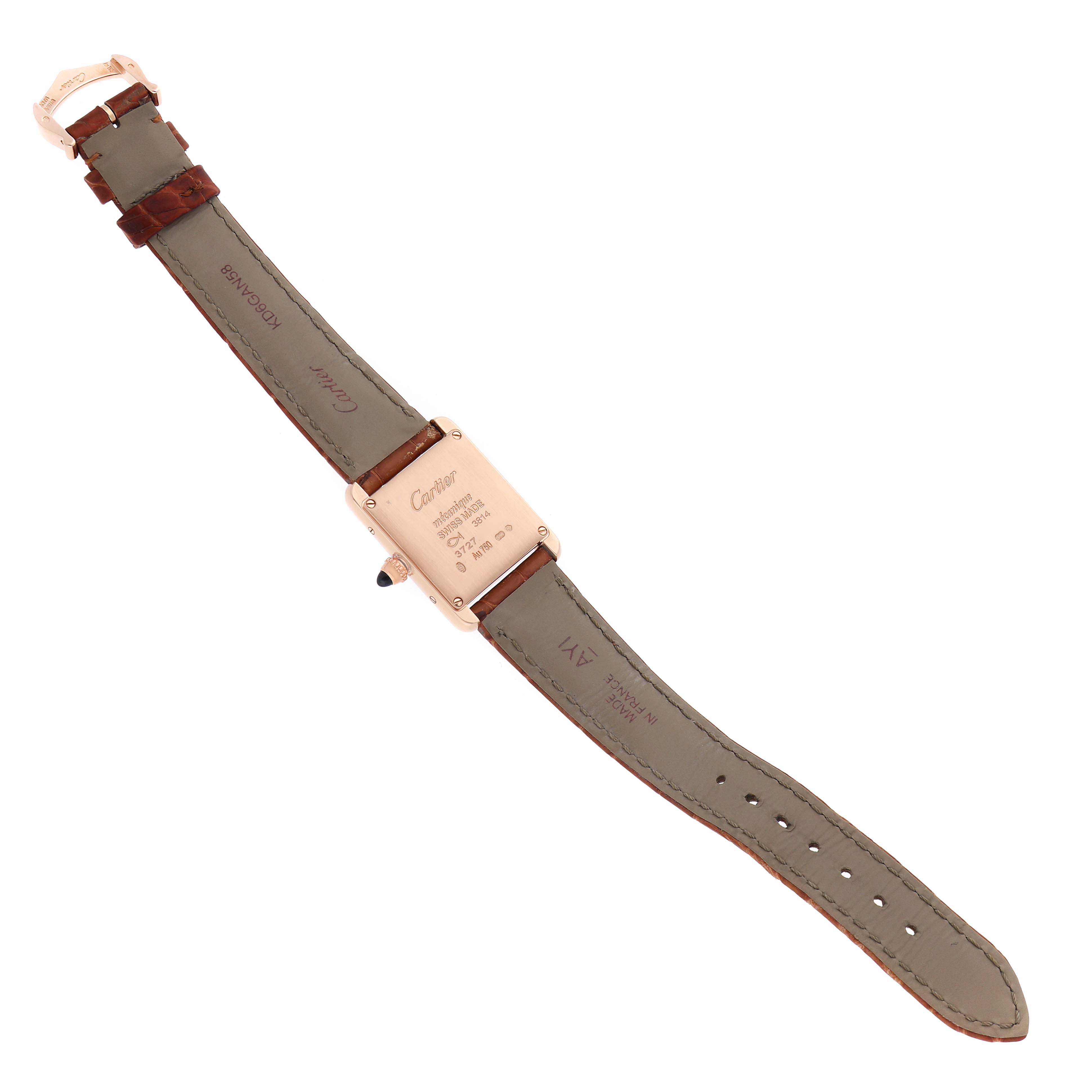 The image shows the back view of a Cartier Tank Louis WGTA0010 Women's Rose Gold Silver Dial watch, displaying the case back, strap, and buckle.