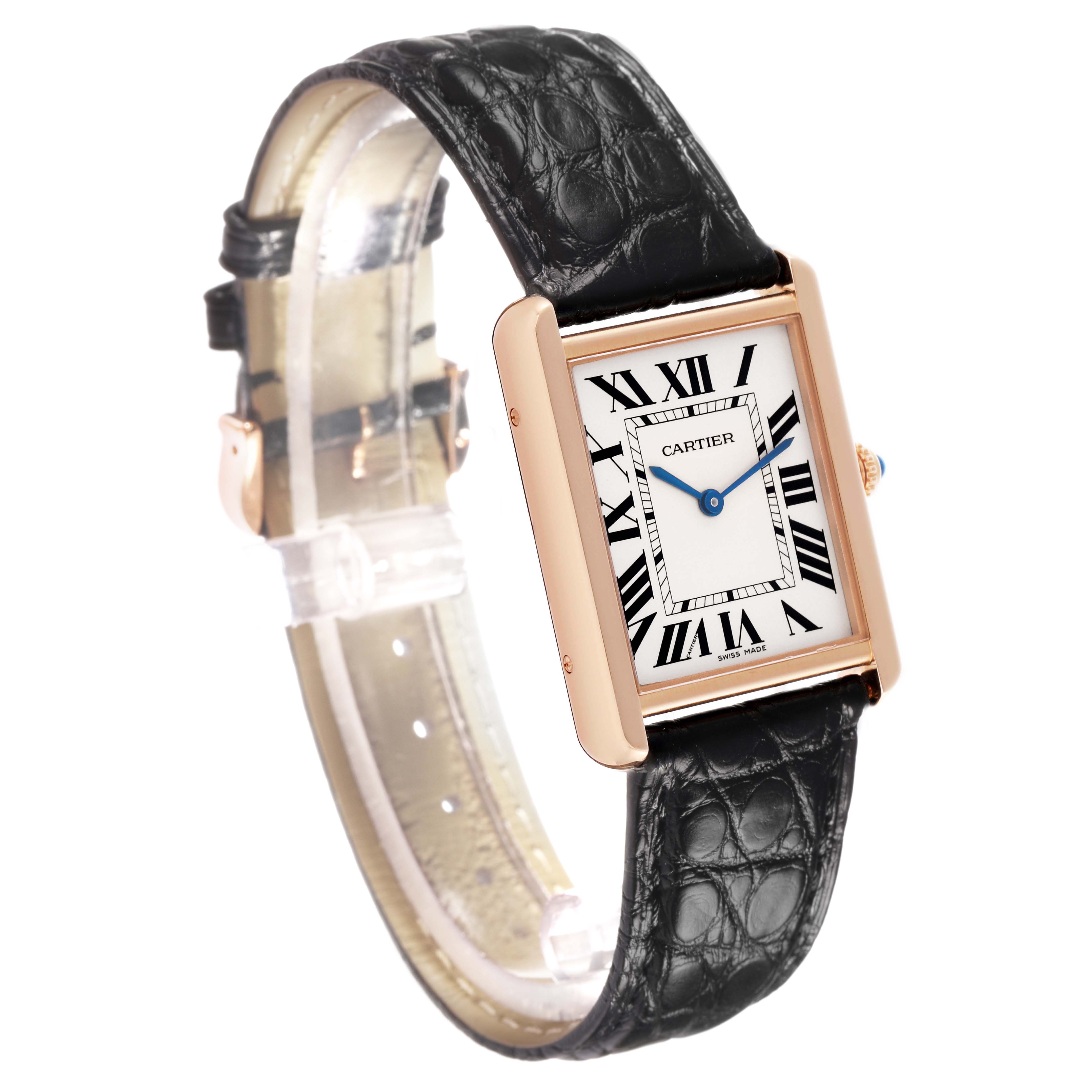 The Cartier Tank Solo W5200025 Men's Steel and Gold (two tone) Silver Dial watch is shown at an angle highlighting its rectangular face, black leather strap, and rose gold case.
