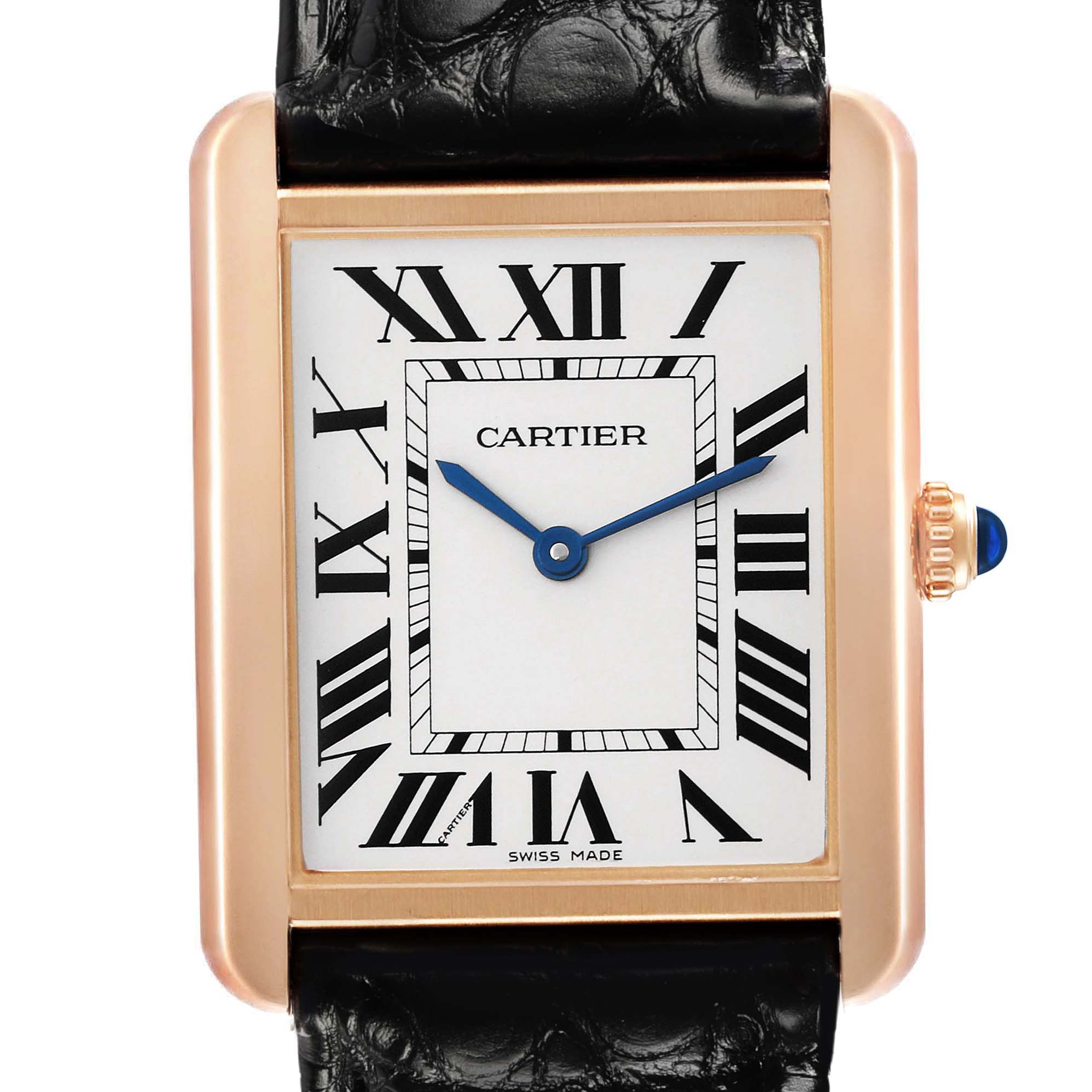 The Cartier Tank Solo W5200025 Men's Steel and Gold (two tone) Silver Dial watch is shown from the front, highlighting the dial, Roman numerals, and crown with a blue gemstone.