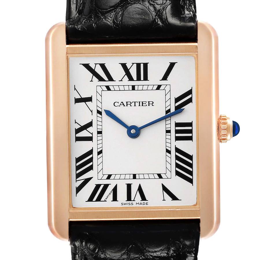 The Cartier Tank Solo W5200025 Men's Steel and Gold (two tone) Silver Dial watch is shown from the front, highlighting the dial, Roman numerals, and crown with a blue gemstone.