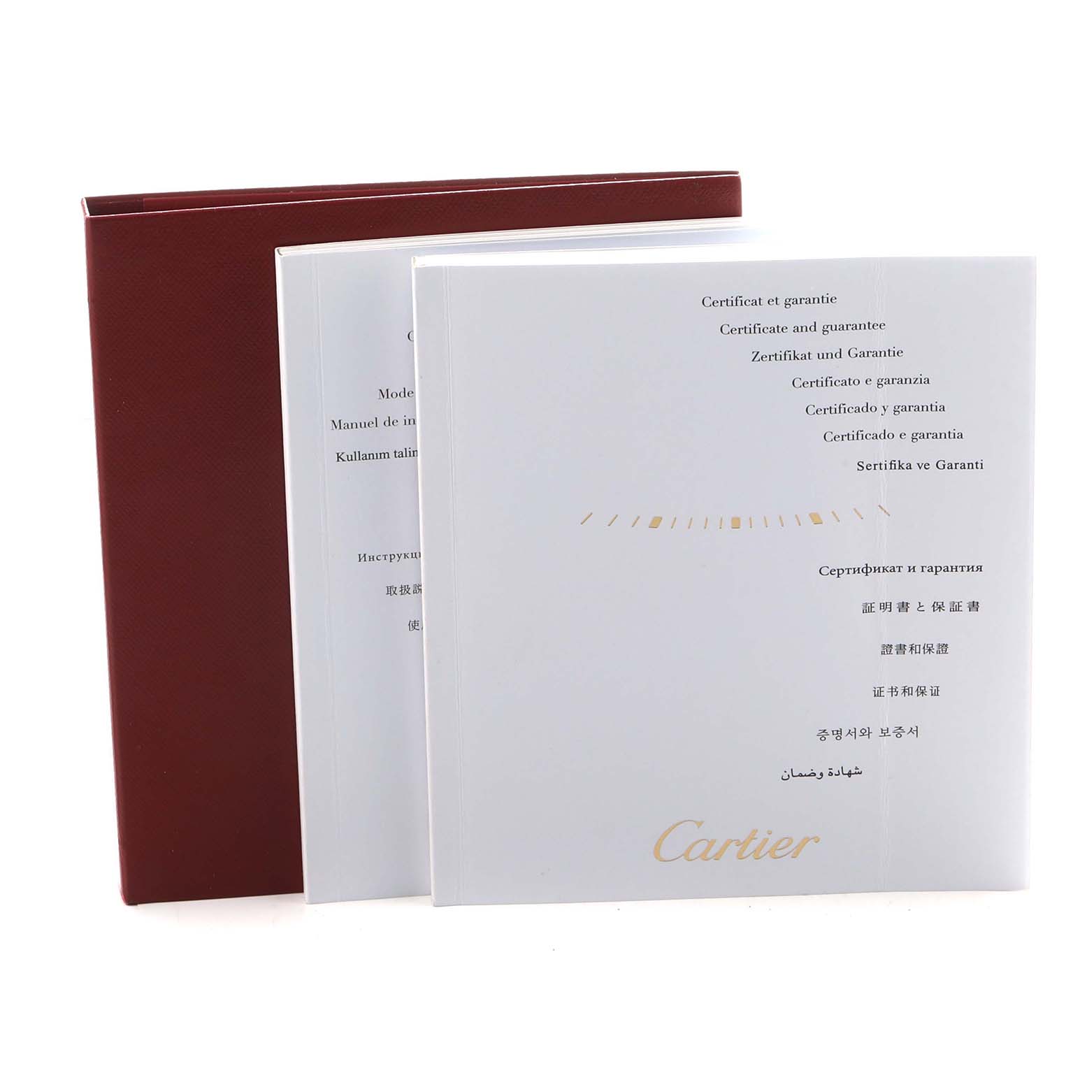 The image shows the Cartier Tank Solo W5200025 Men's Steel and Gold (two tone) Silver Dial model's box and instruction manuals from a front angle.