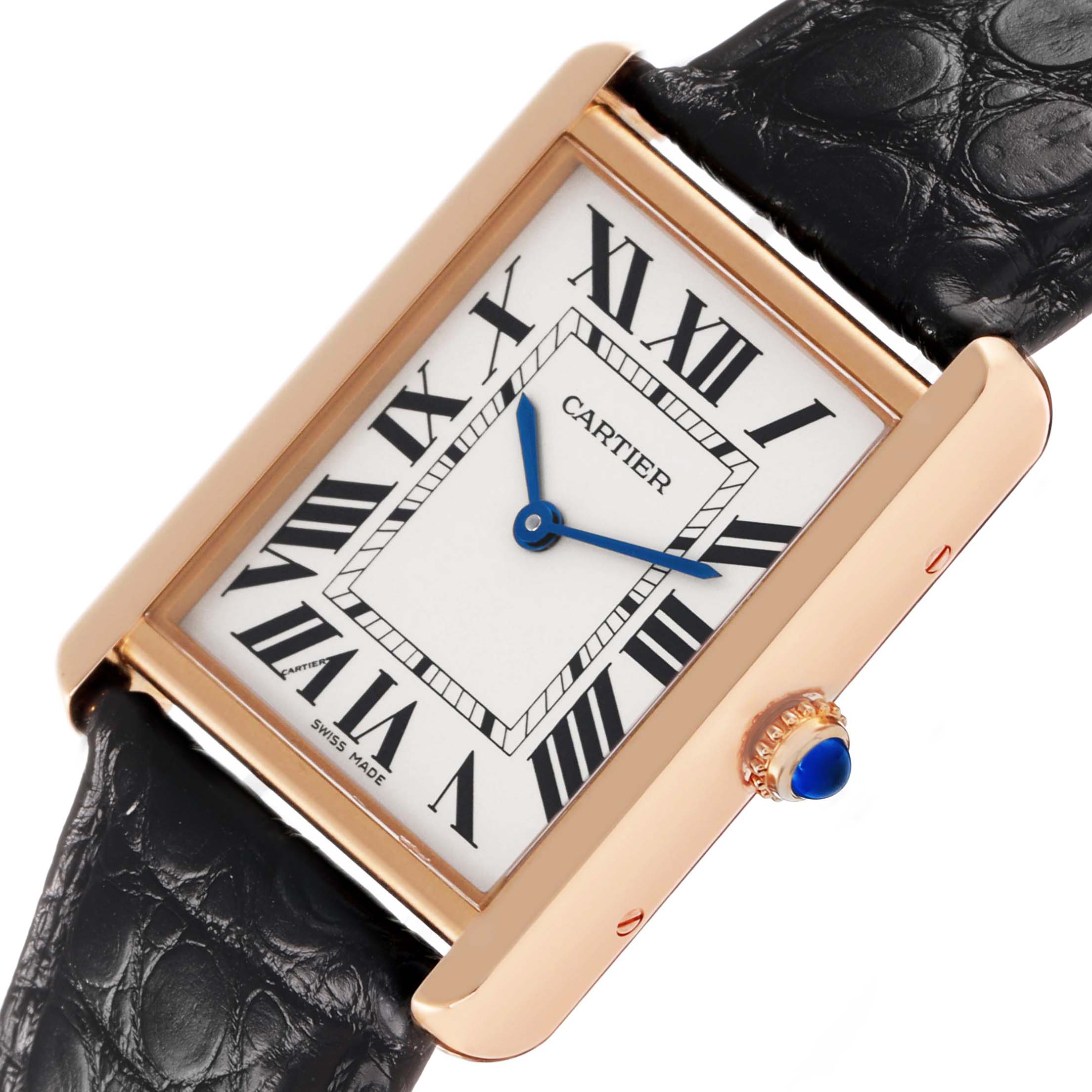 The Cartier Tank Solo W5200025 Men's Steel and Gold (two tone) Silver Dial watch is shown at an angled top view, highlighting its dial, Roman numerals, and crown with a cabochon.