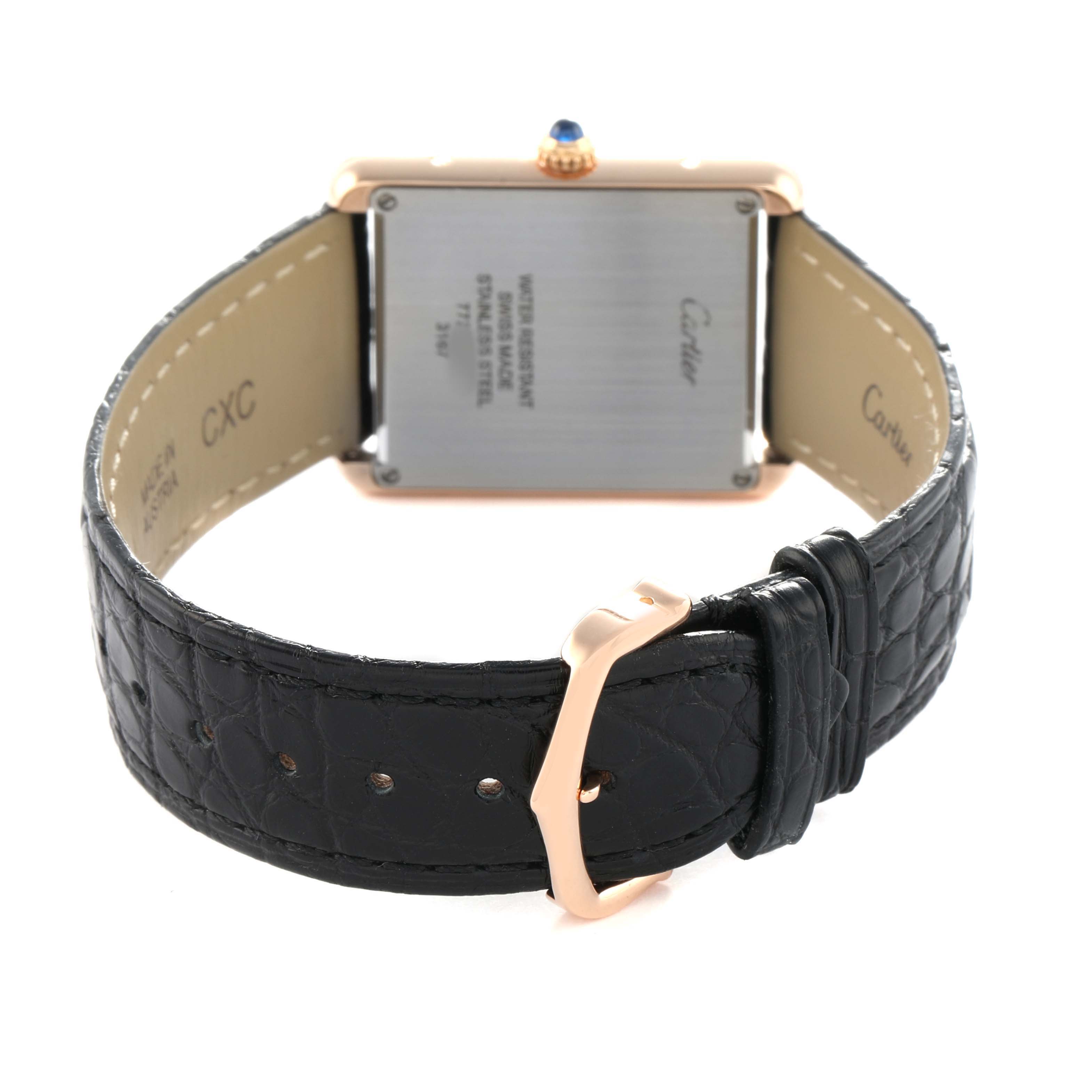 The image shows the back view of the Cartier Tank Solo W5200025 Men's Steel and Gold (two tone) Silver Dial watch, highlighting the case back, crown, and leather strap.