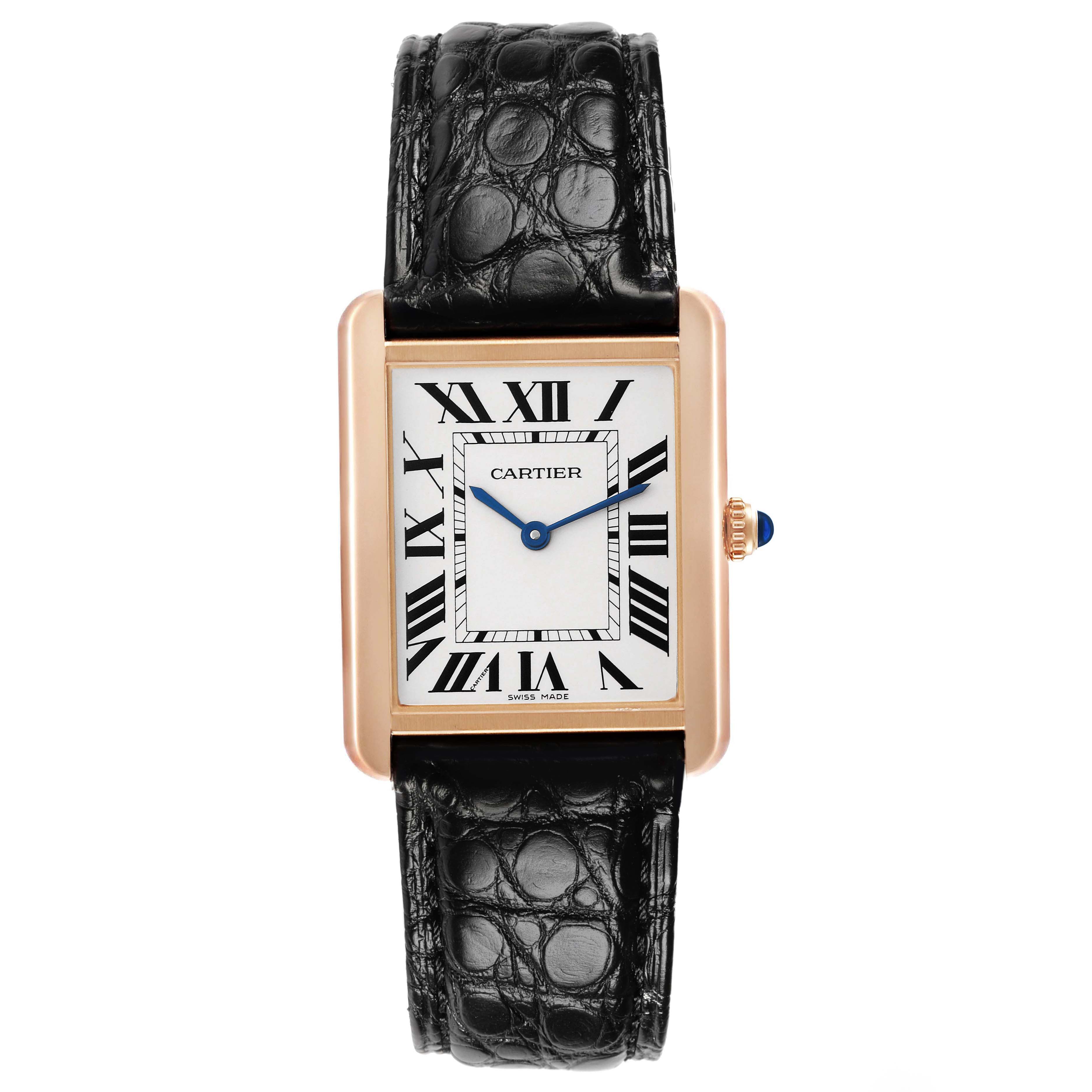 The Cartier Tank Solo W5200025 Men's Steel and Gold (two tone) Silver Dial watch is shown from the front, displaying its rectangular face, Roman numerals, and leather strap.