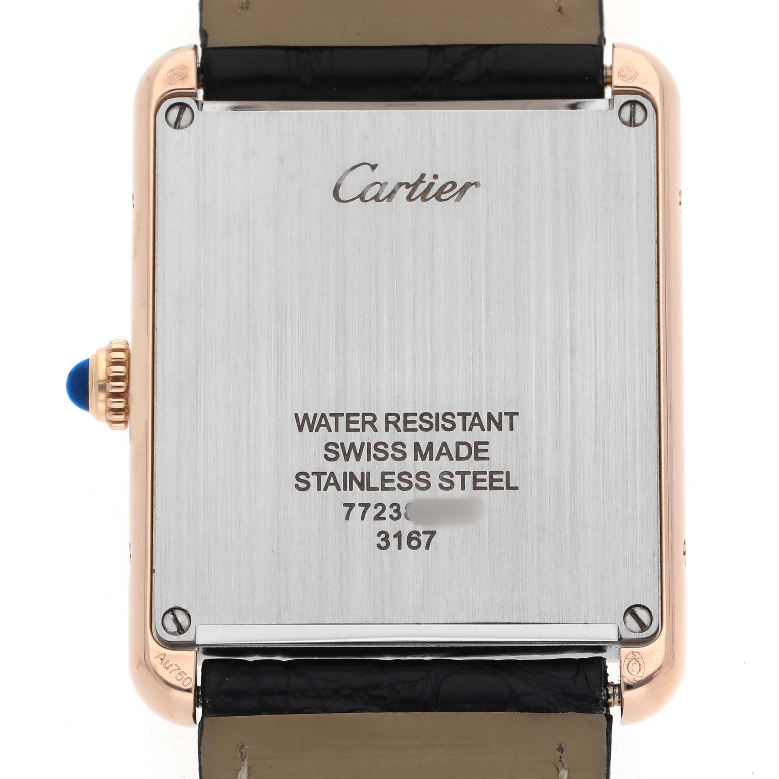 The image shows a Cartier Tank Solo W5200025 Men's Steel and Gold (two tone) Silver Dial watch from the back, highlighting its stainless steel case and inscriptions.