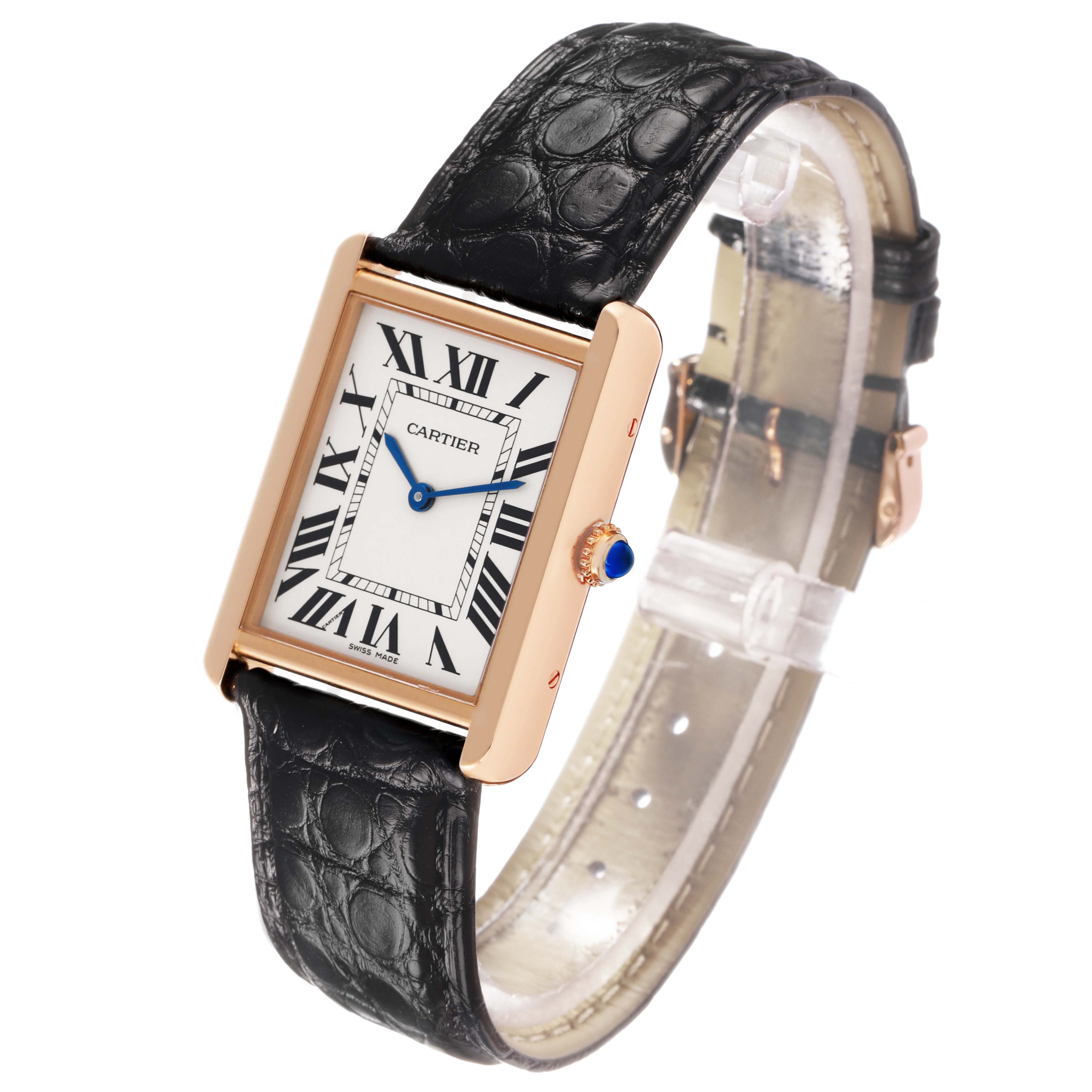The Cartier Tank Solo W5200025 Men's Steel and Gold (two tone) Silver Dial watch is shown at a three-quarter angle, displaying the dial, Roman numerals, crown, and leather strap.