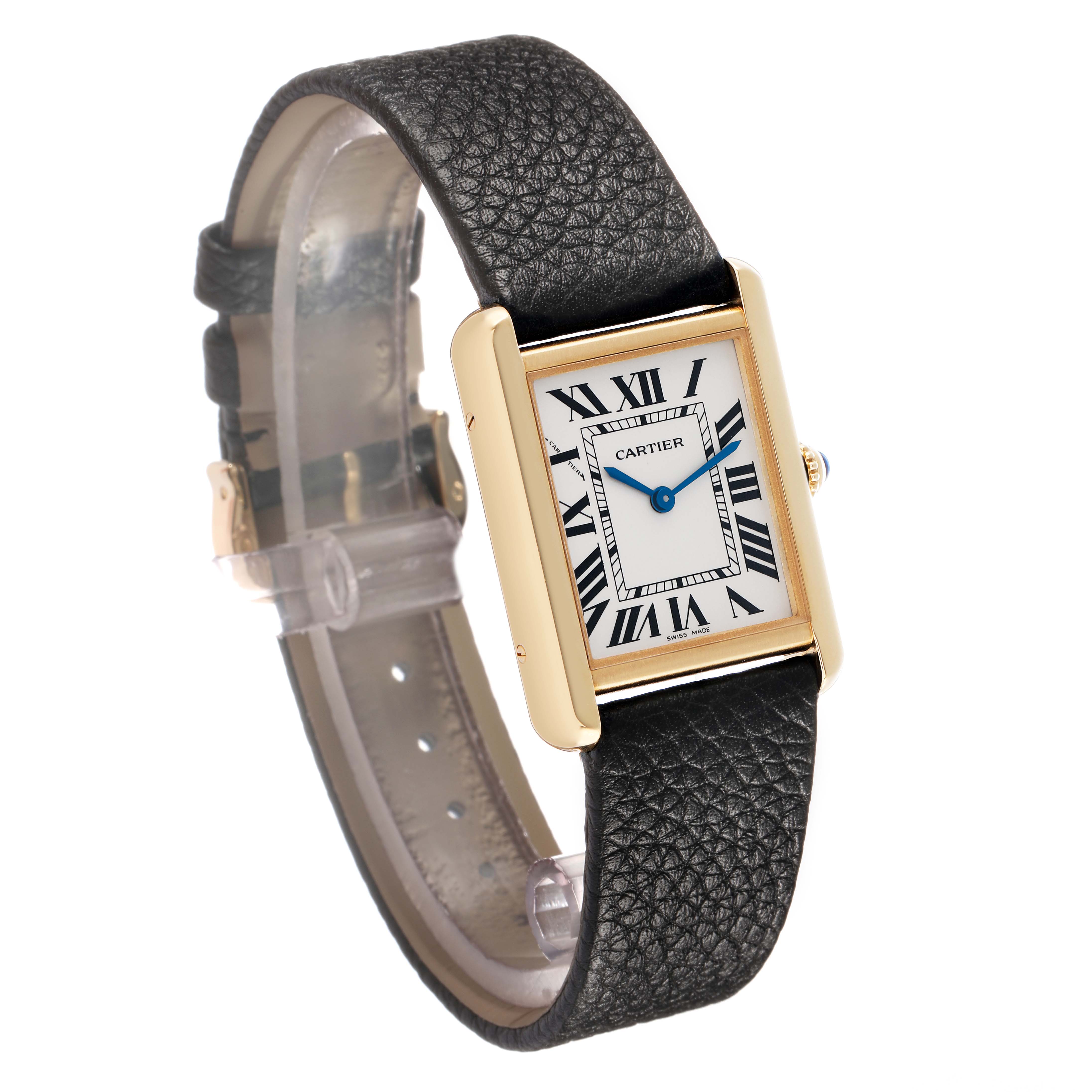 The Cartier Tank Solo W5200002 Women's Yellow Gold Silver Dial watch is shown at a three-quarter angle highlighting its face and leather strap.