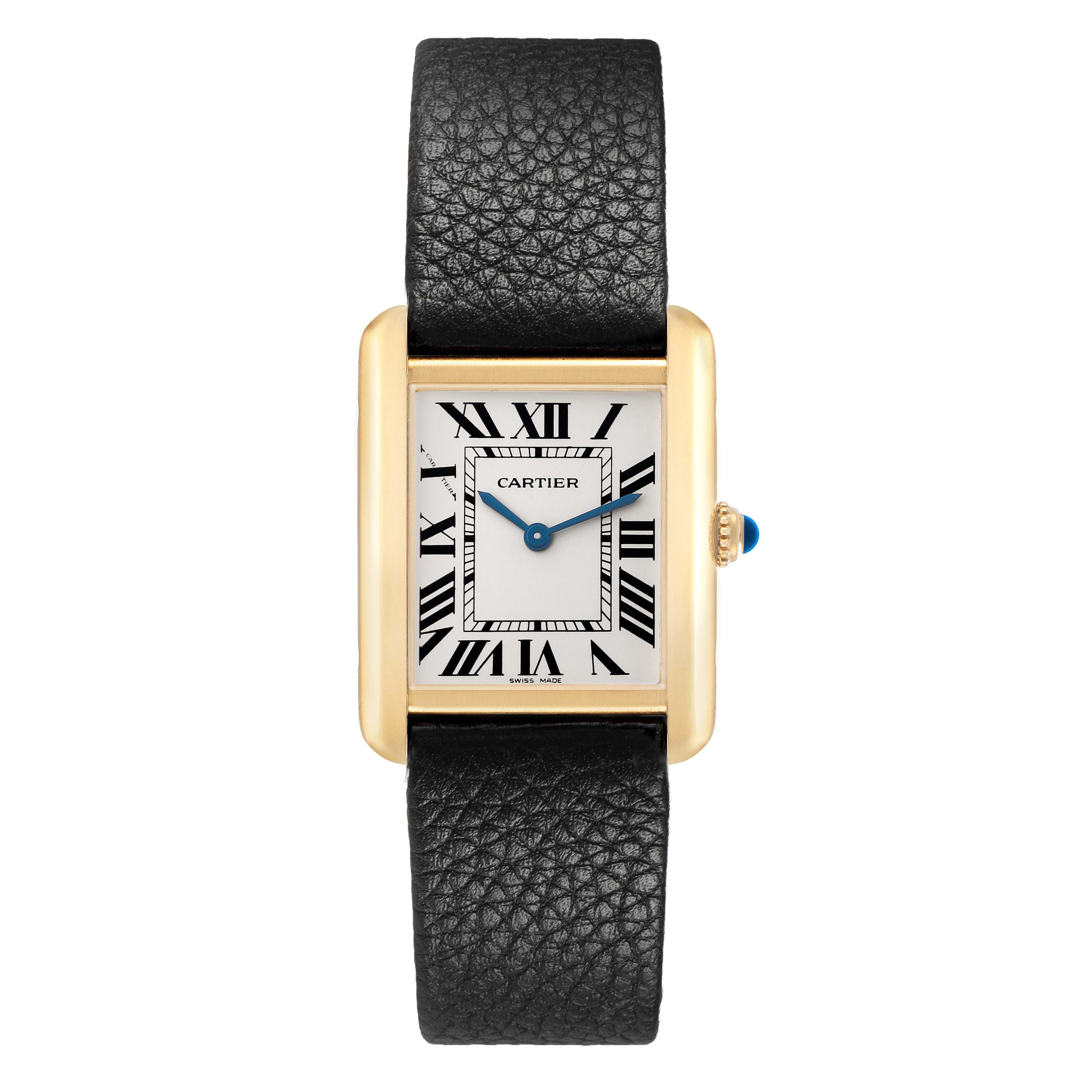 The Cartier Tank Solo W5200002 Women's Yellow Gold Silver Dial watch is shown from the front, displaying the dial, Roman numerals, gold case, and black leather strap.