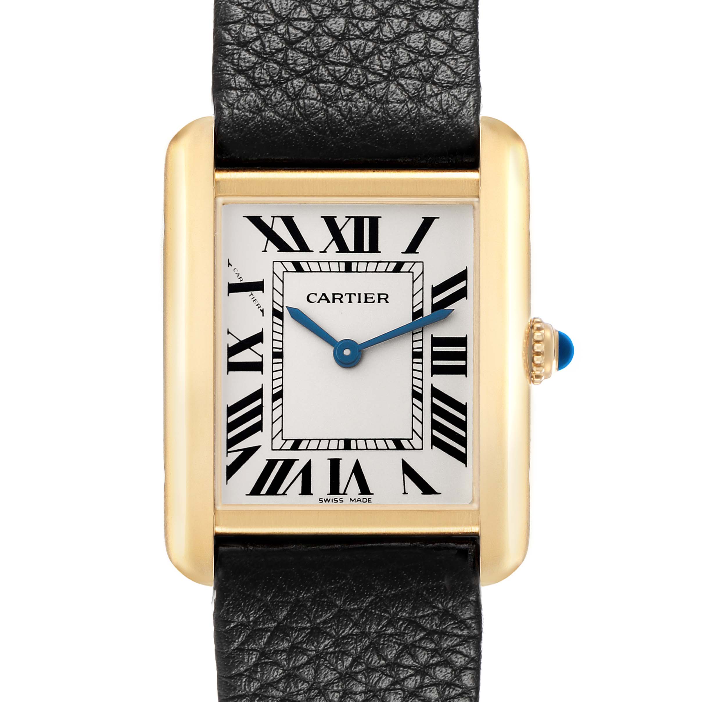 The Cartier Tank Solo W5200002 Women's Yellow Gold Silver Dial watch is shown from the front, highlighting the face, Roman numerals, and leather strap.
