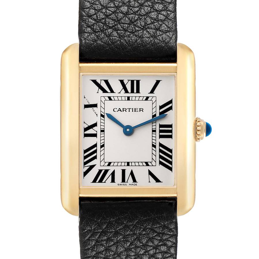 The Cartier Tank Solo W5200002 Women's Yellow Gold Silver Dial watch is shown from the front, highlighting the face, Roman numerals, and leather strap.