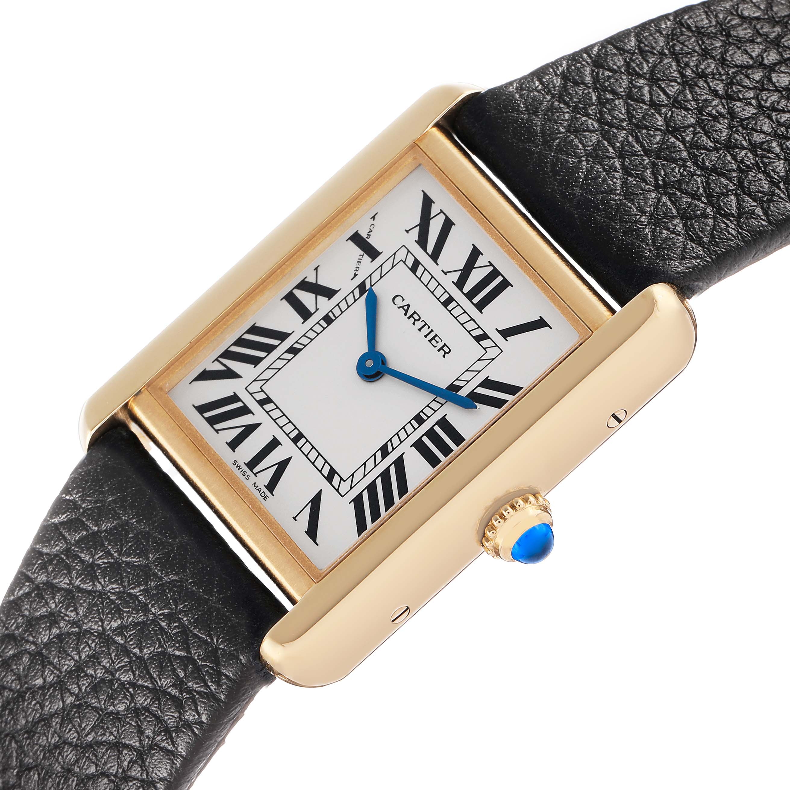 The Cartier Tank Solo W5200002 Women's Yellow Gold Silver Dial watch is shown at an angled top view, displaying its dial, crown, and classic leather strap.