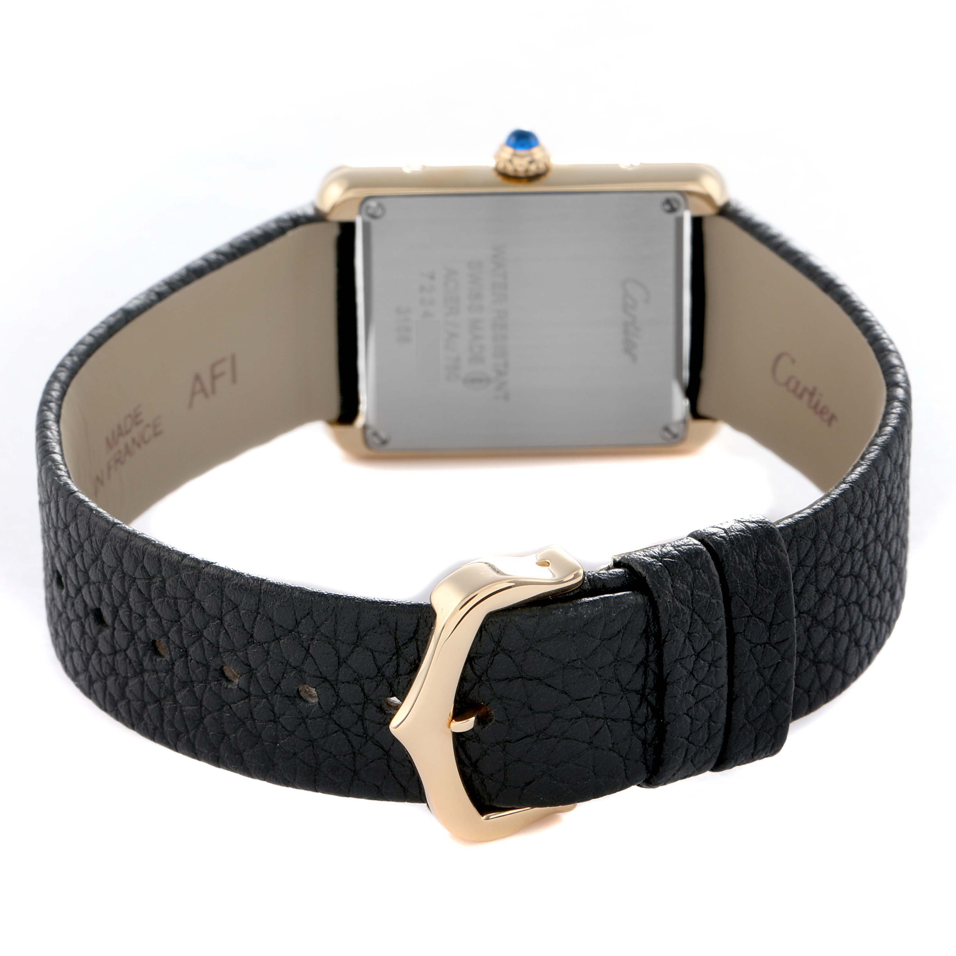 The image shows the back and strap of a Cartier Tank Solo W5200002 Women's Yellow Gold Silver Dial watch, highlighting the clasp and case back details.