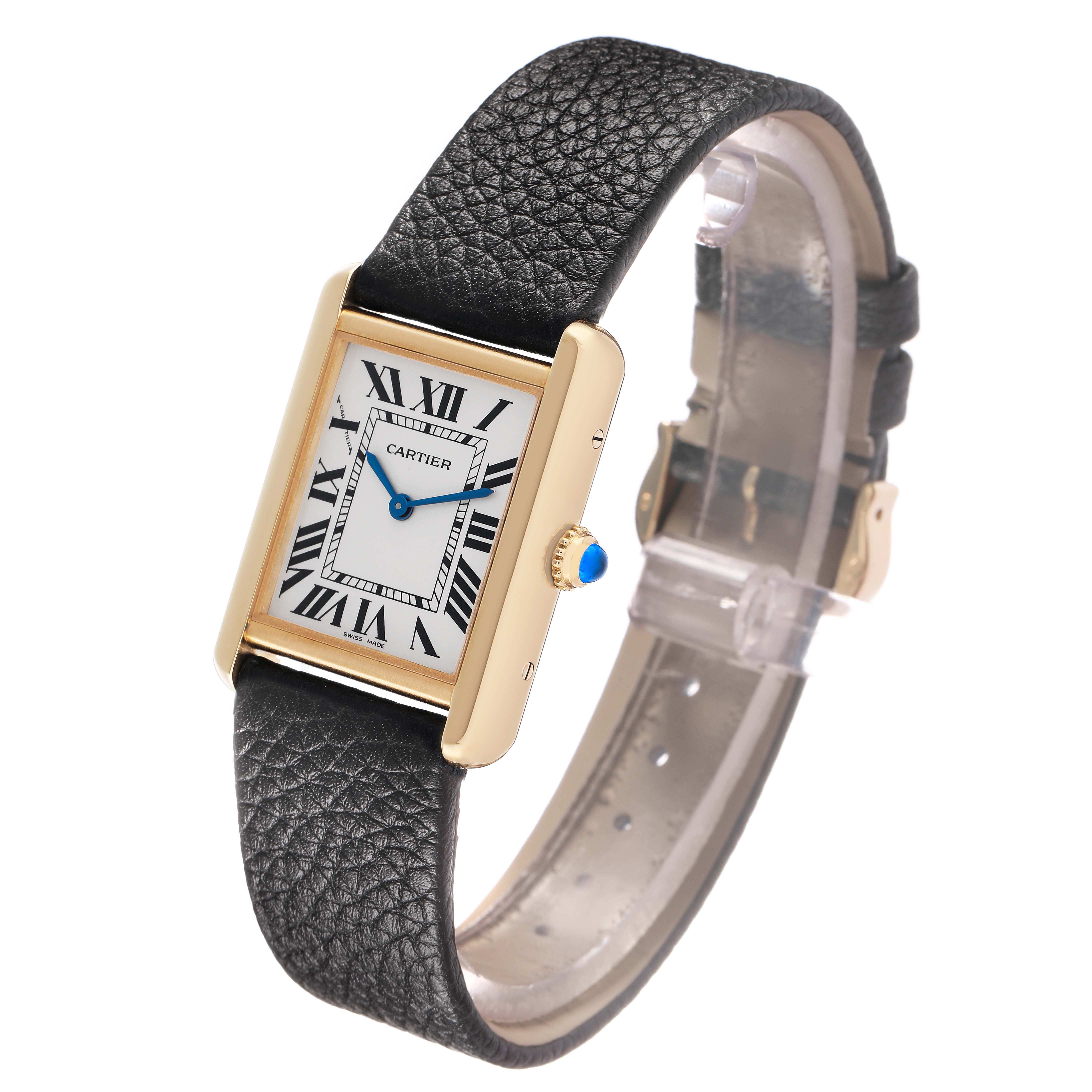 The Cartier Tank Solo W5200002 Women's Yellow Gold Silver Dial watch is shown at an angle highlighting its face, leather strap, gold casing, and blue cabochon crown.