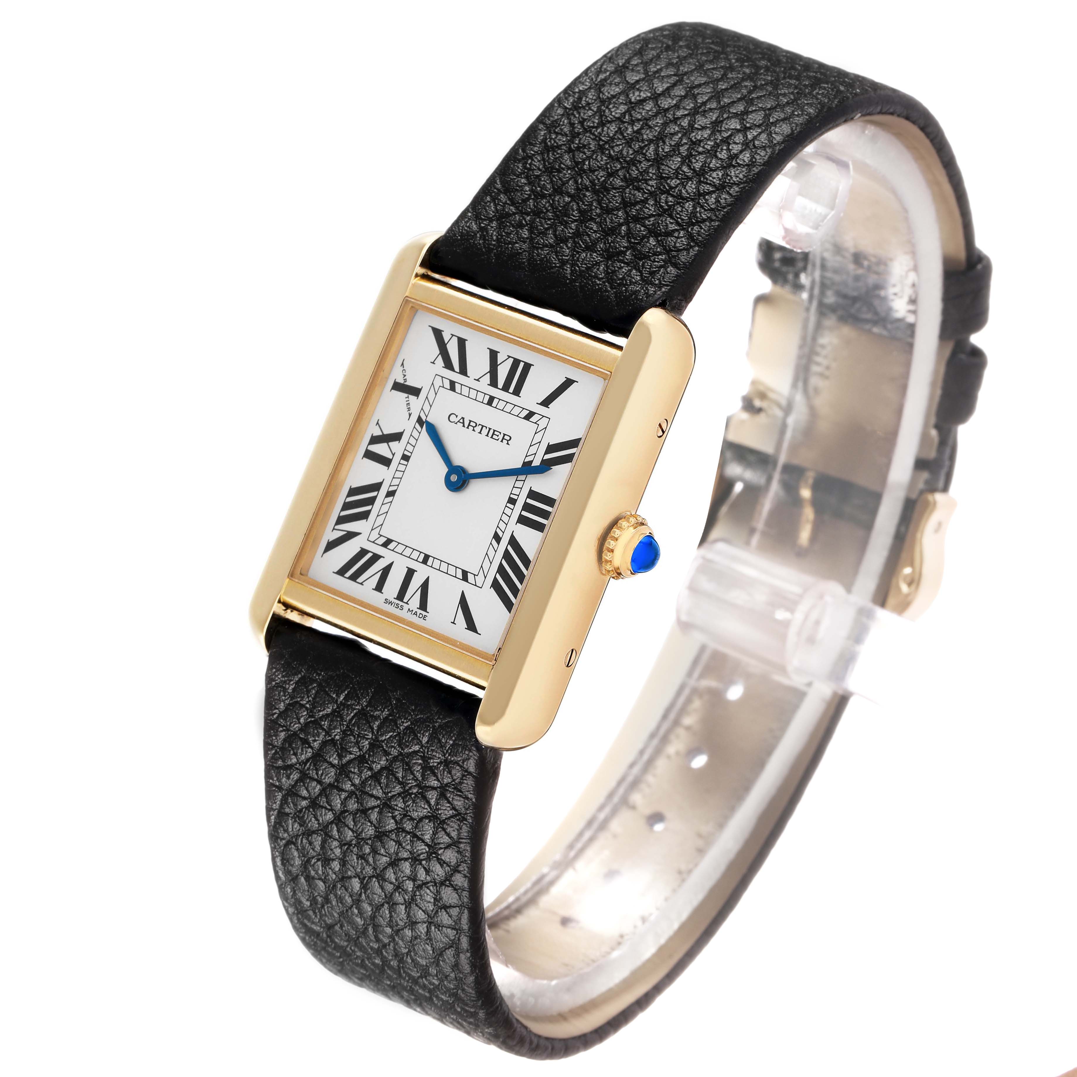The Cartier Tank Solo W5200002 Women's Steel and Gold (two tone) Silver Dial watch is shown from a front angle, highlighting its rectangular face, gold casing, and black leather strap.