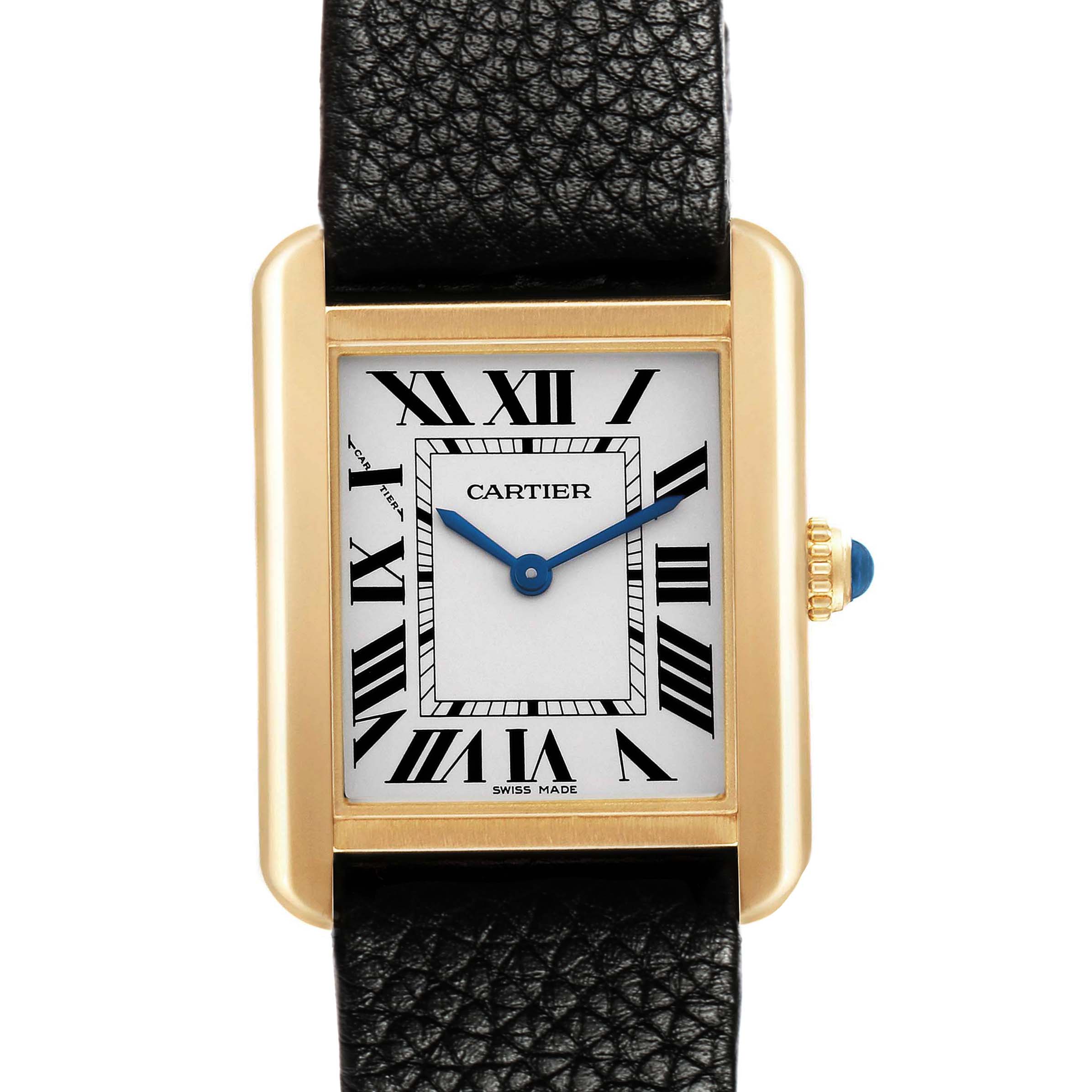 The Cartier Tank Solo W5200002 Women's Steel and Gold (two tone) Silver Dial watch is shown from a front angle, highlighting its dial, Roman numerals, case, and leather strap.
