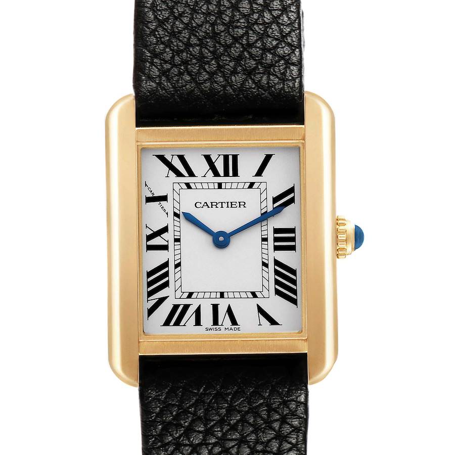 The Cartier Tank Solo W5200002 Women's Steel and Gold (two tone) Silver Dial watch is shown from a front angle, highlighting its dial, Roman numerals, case, and leather strap.