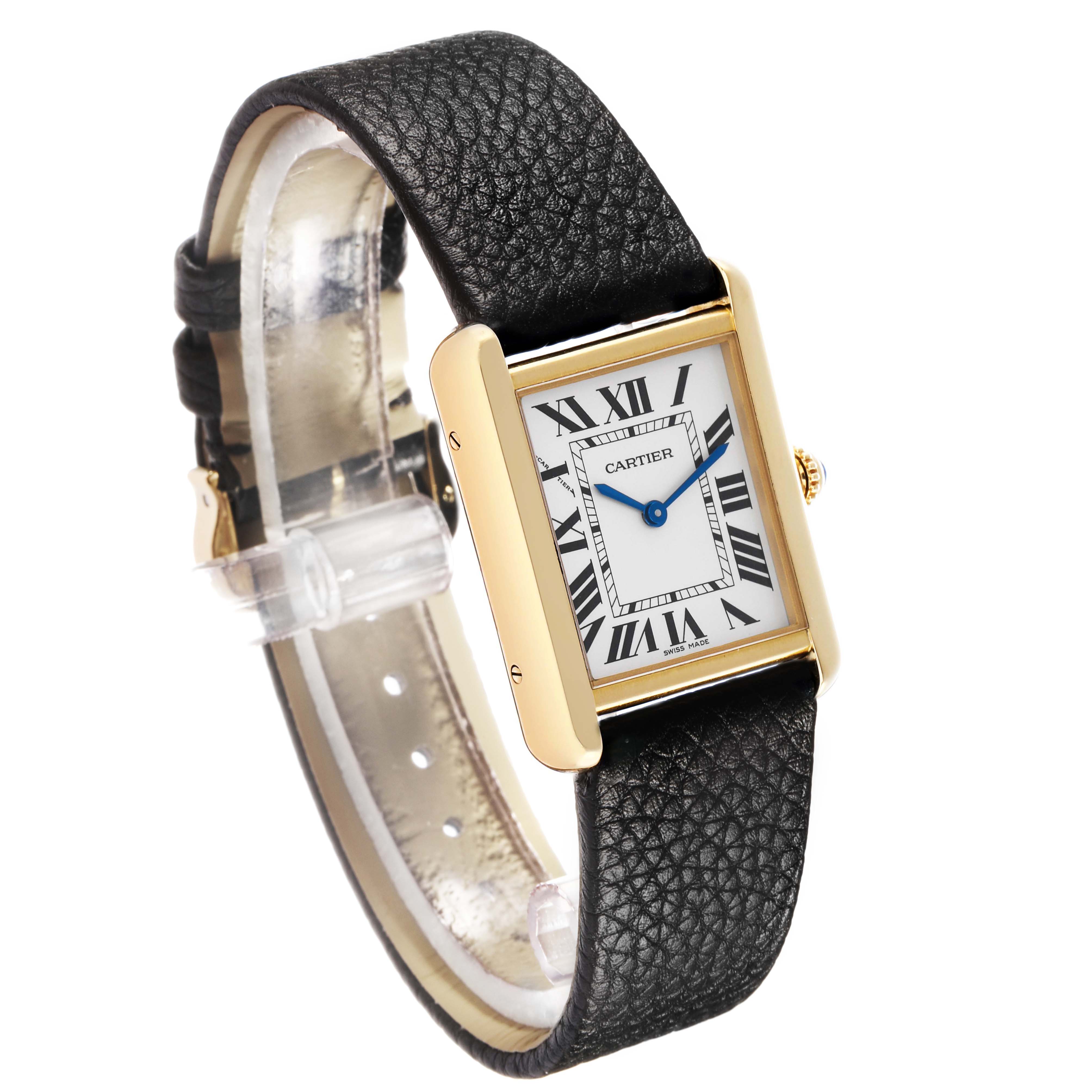The Cartier Tank Solo W5200002 Women's Steel and Gold (two tone) Silver Dial watch is shown at a three-quarter angle, highlighting the face, bezel, and leather strap.
