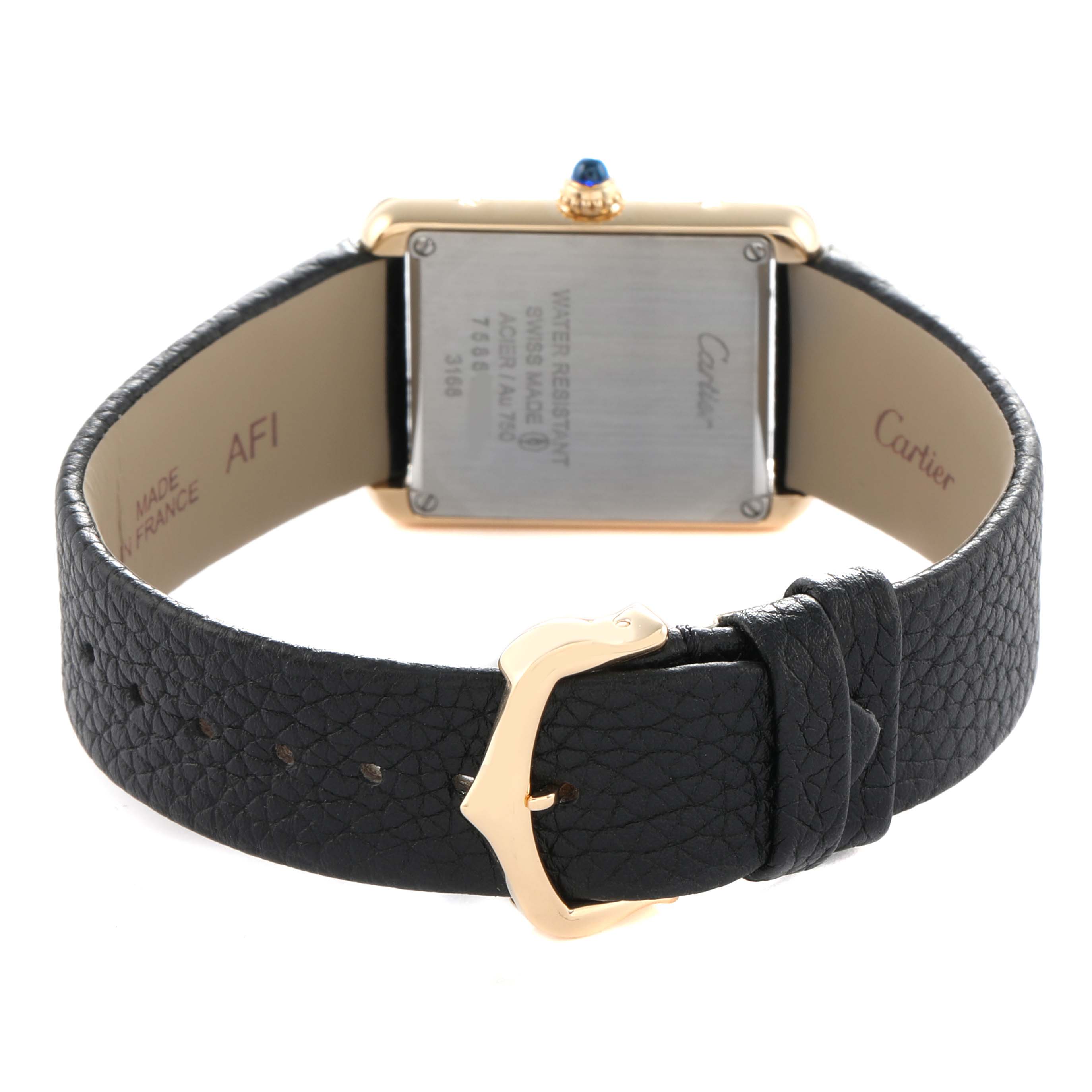 The image shows the back of the Cartier Tank Solo W5200002 Women's Steel and Gold (two tone) Silver Dial watch, highlighting the case, strap, and buckle.