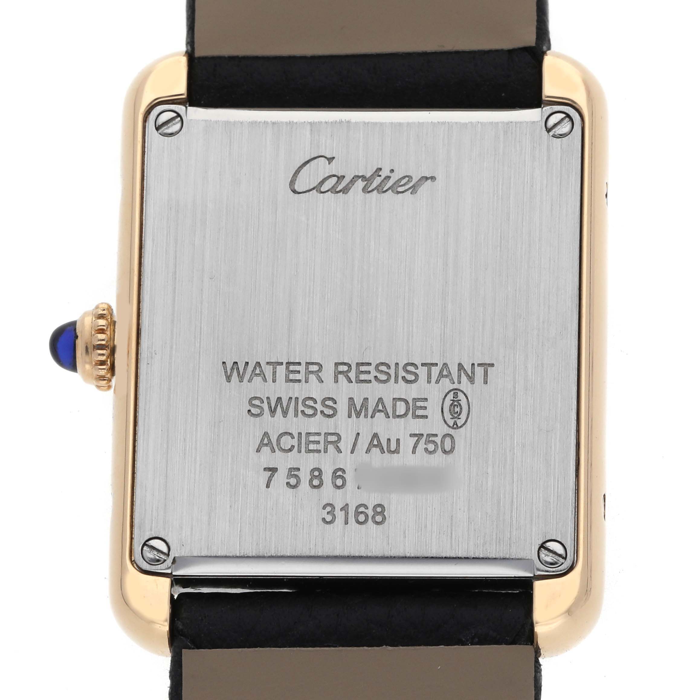 The image shows the back case of a Cartier Tank Solo W5200002 Women's Steel and Gold (two tone) Silver Dial watch, highlighting its water-resistant and Swiss-made features.