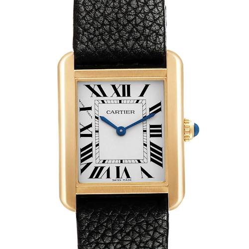The Cartier Tank Solo W5200002 Women's Steel and Gold (two tone) Silver Dial watch is shown from the front, highlighting its rectangular face, roman numerals, blue hands, and textured strap.