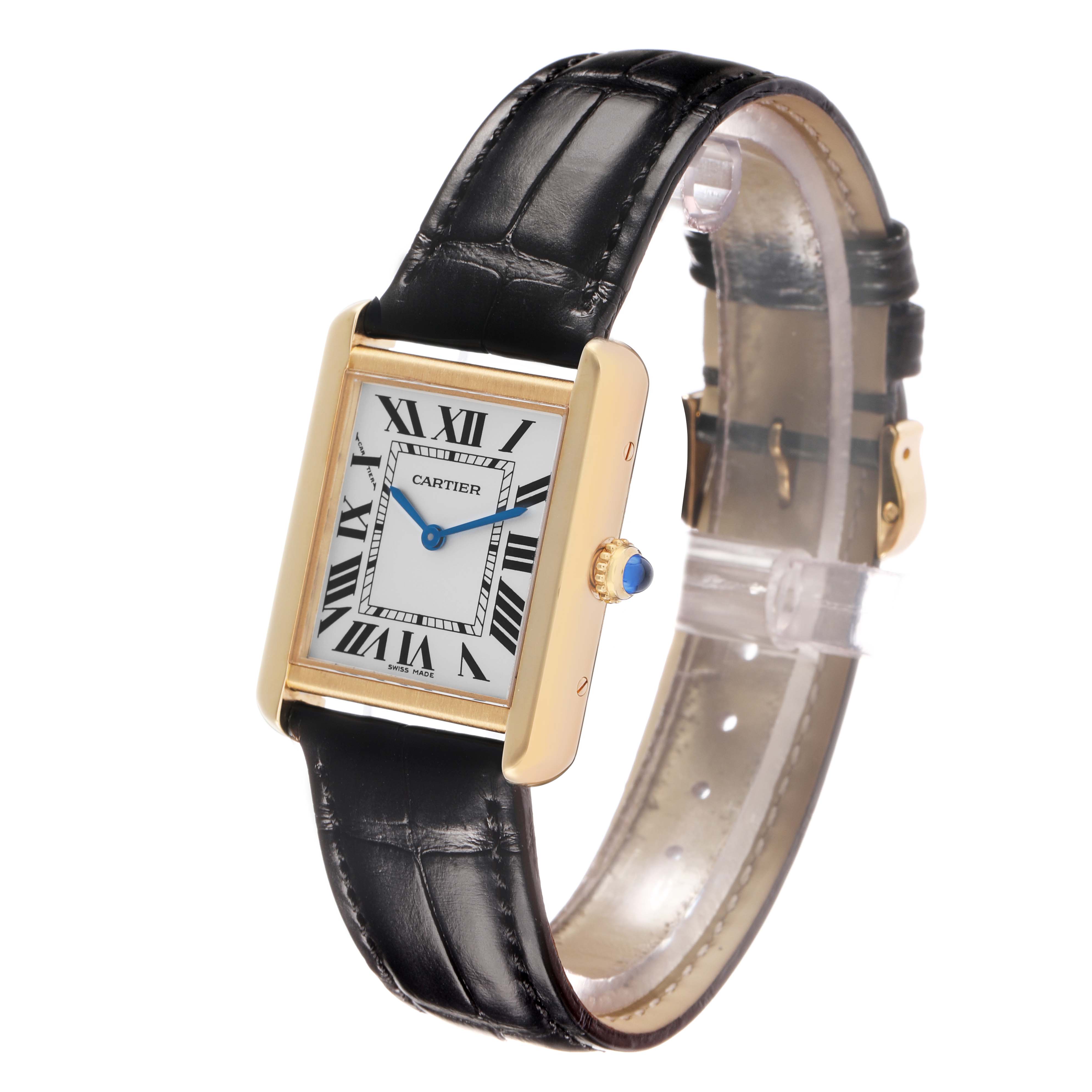 The Cartier Tank Solo W5200002 Women's Yellow Gold Silver Dial watch is shown at a three-quarter angle, highlighting the face, crown, and leather strap.