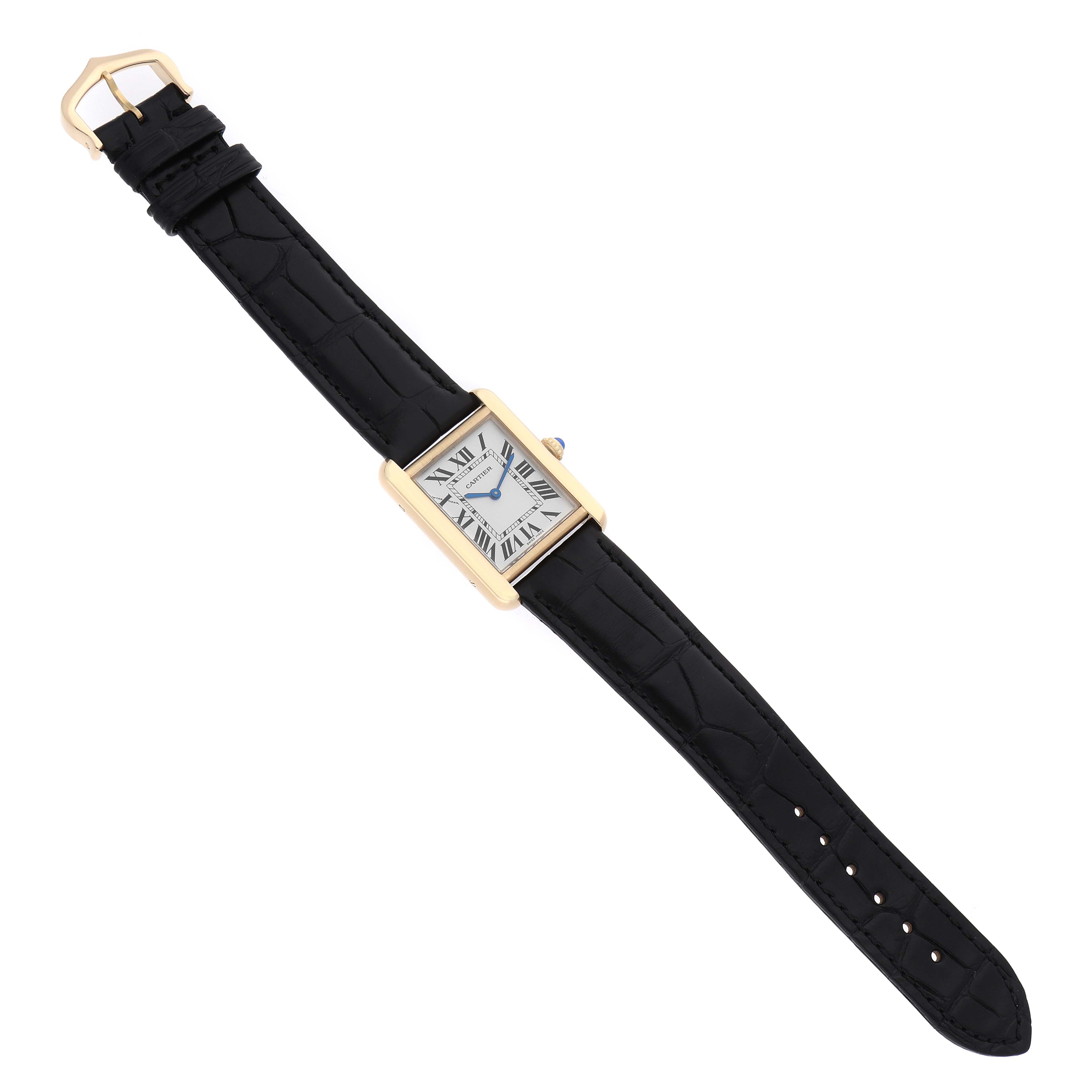The Cartier Tank Solo W5200002 Women's Yellow Gold Silver Dial watch is displayed at an angle showing the entire black leather strap and rectangular face with Roman numerals.