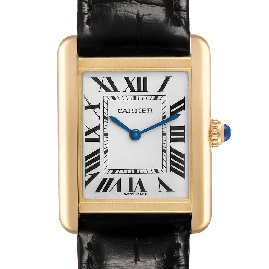 The Cartier Tank Solo W5200002 Women's Yellow Gold Silver Dial watch is shown from the front, highlighting its rectangular face, Roman numeral indices, and blue hands.