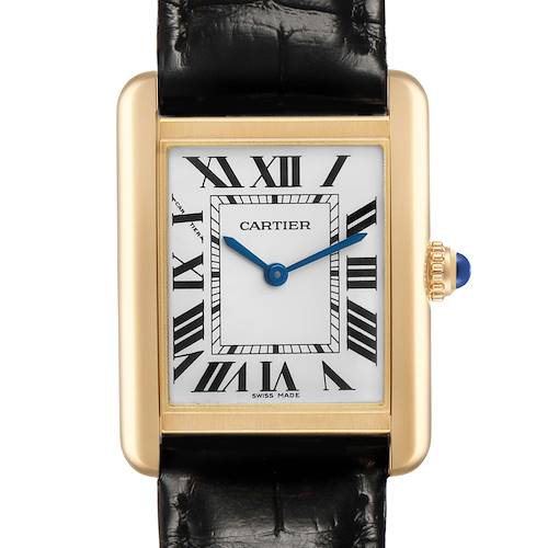 The Cartier Tank Solo W5200002 Women's Yellow Gold Silver Dial watch is shown from the front, displaying its face, bezel, strap, and crown.