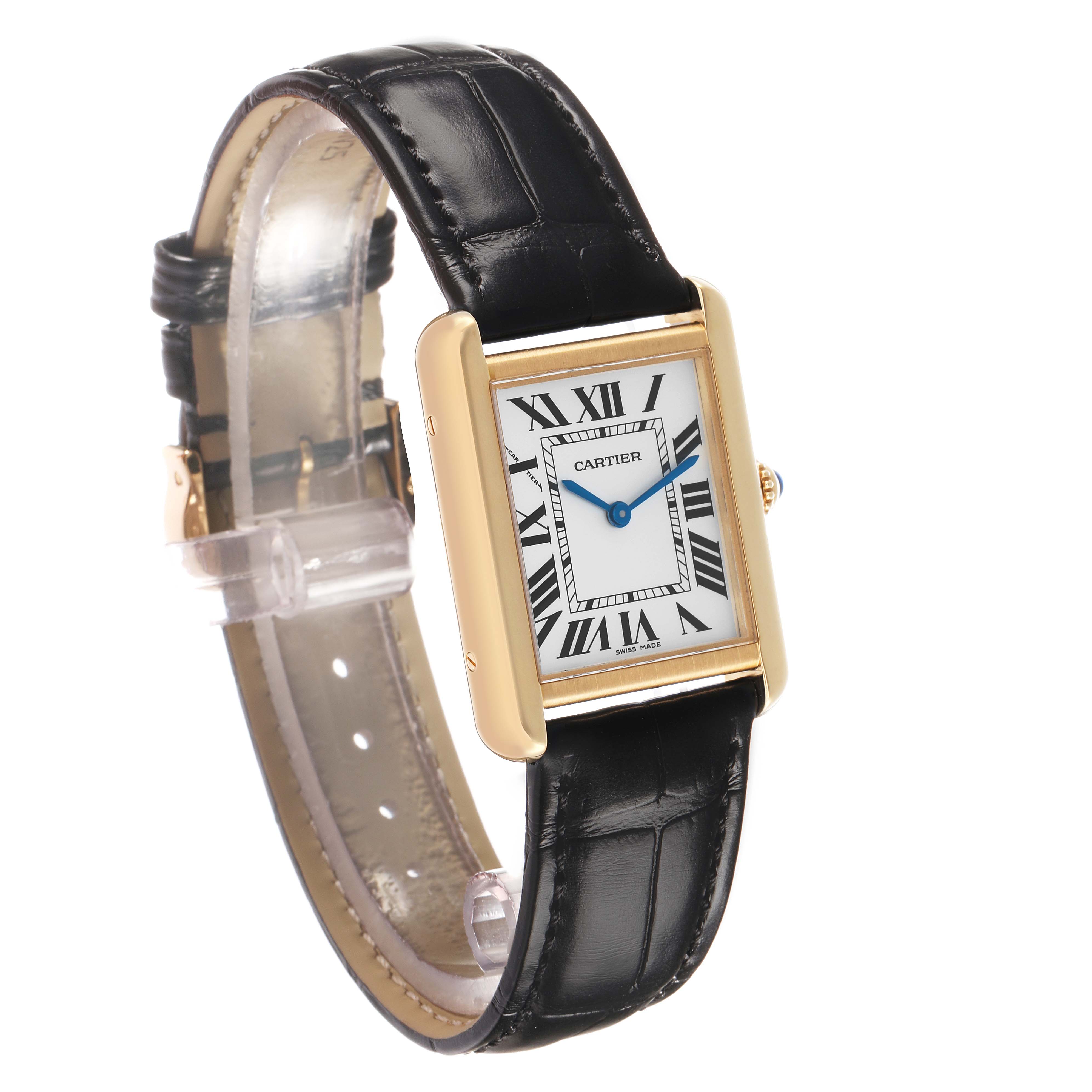 The Cartier Tank Solo W5200002 Women's Yellow Gold Silver Dial watch is shown at an angle displaying the face, Roman numerals, and black leather strap.