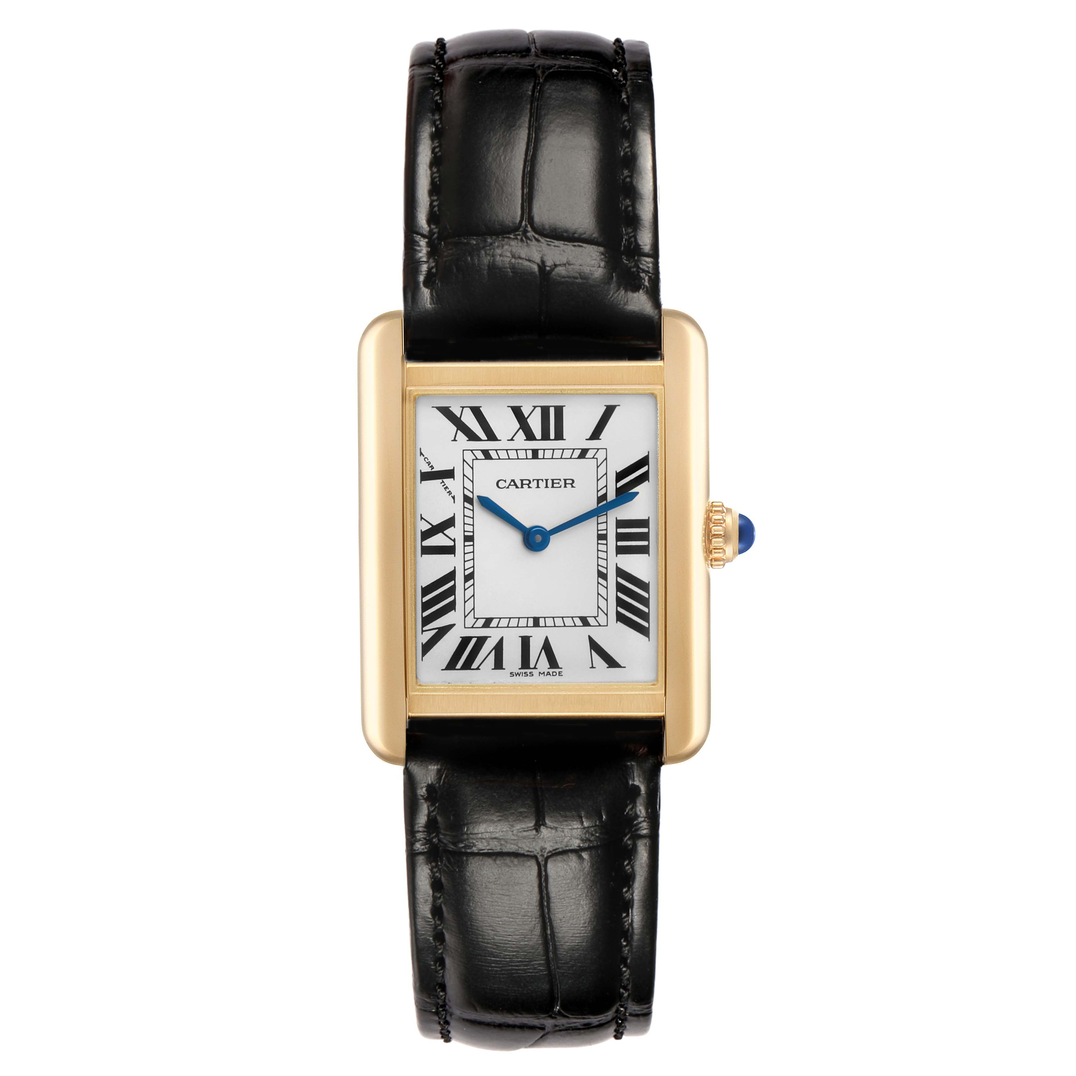 The Cartier Tank Solo W5200002 Women's Yellow Gold Silver Dial watch is shown from a top view, featuring its rectangular case, white dial with Roman numerals, and black leather strap.