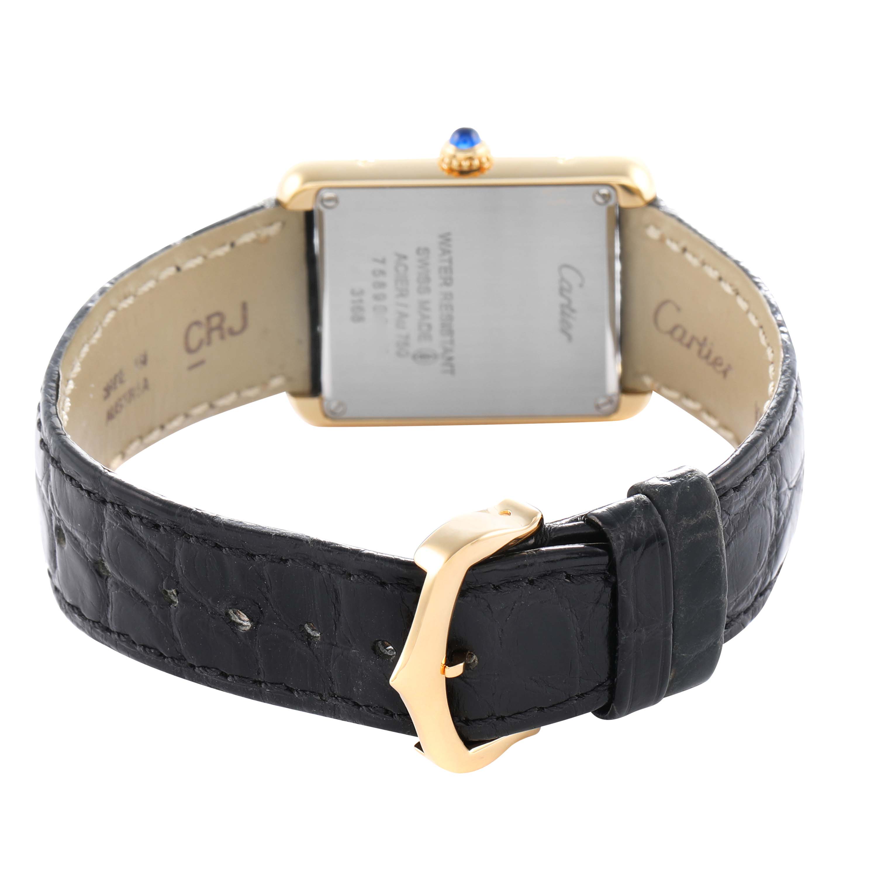 The Cartier Tank Solo W5200002 Women's Steel and Gold (two tone) Silver Dial watch is shown from the back, highlighting the case back, strap, buckle, and crown.