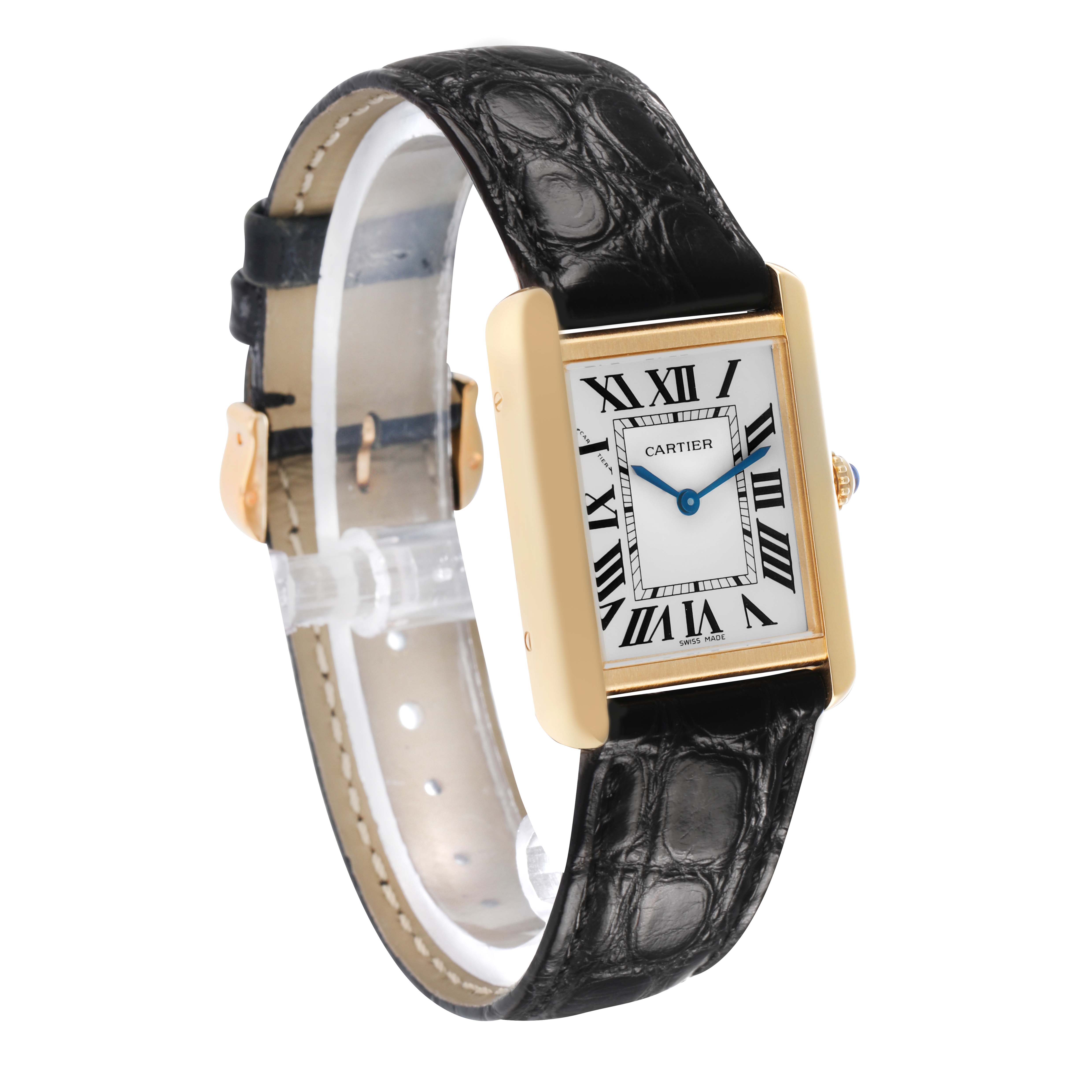 The Cartier Tank Solo W5200002 Women's Steel and Gold (two tone) Silver Dial watch is shown at a slight angle, displaying the face, Roman numerals, and black leather strap.