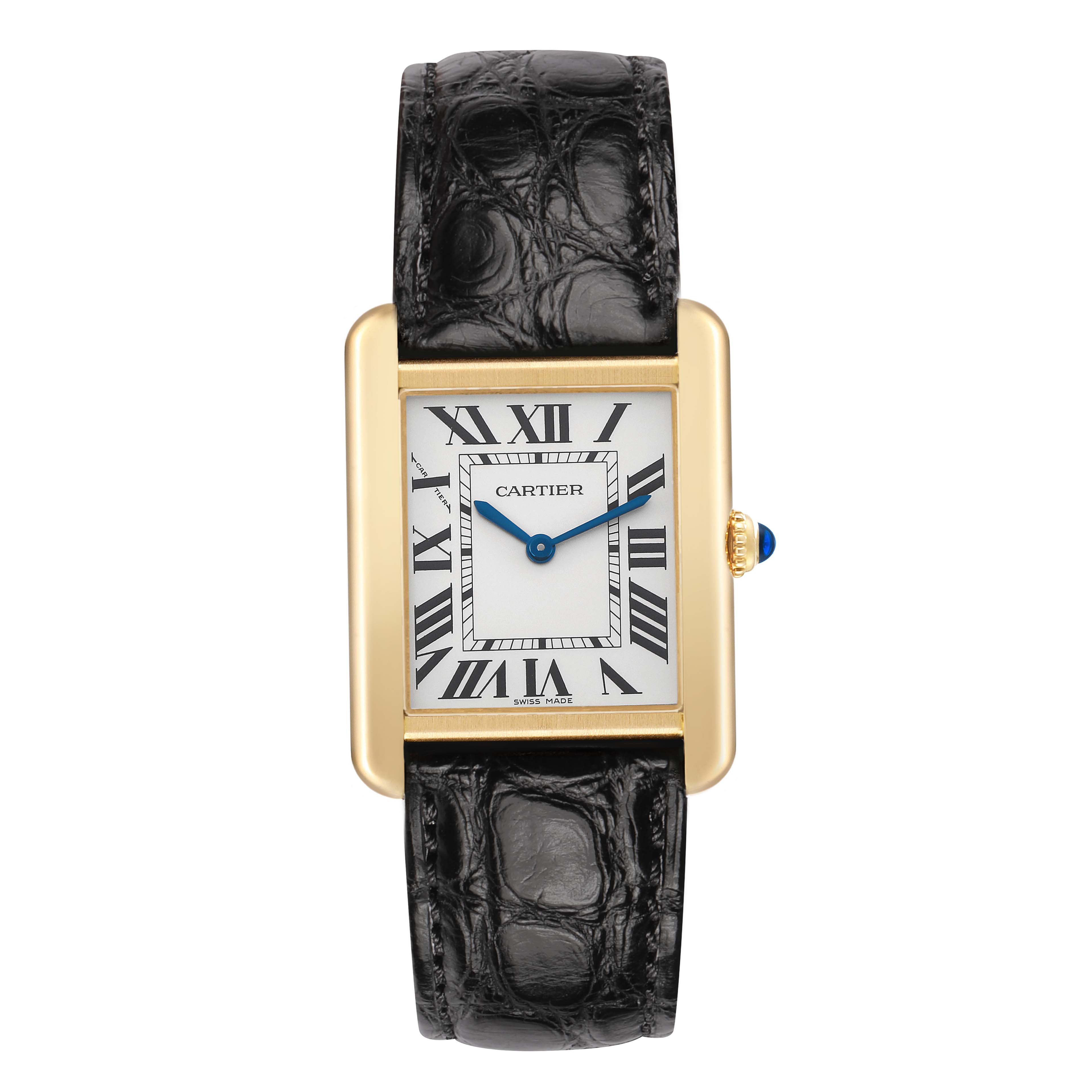 The Cartier Tank Solo W5200002 Women's Steel and Gold (two tone) Silver Dial watch is shown from a front angle, highlighting its face, strap, and gold casing.