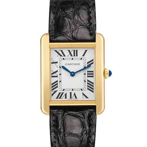 The image shows a Cartier Tank Solo W5200002 Women's Steel and Gold (two tone) Silver Dial watch from the front, highlighting the gold case, Roman numerals, and black leather strap.