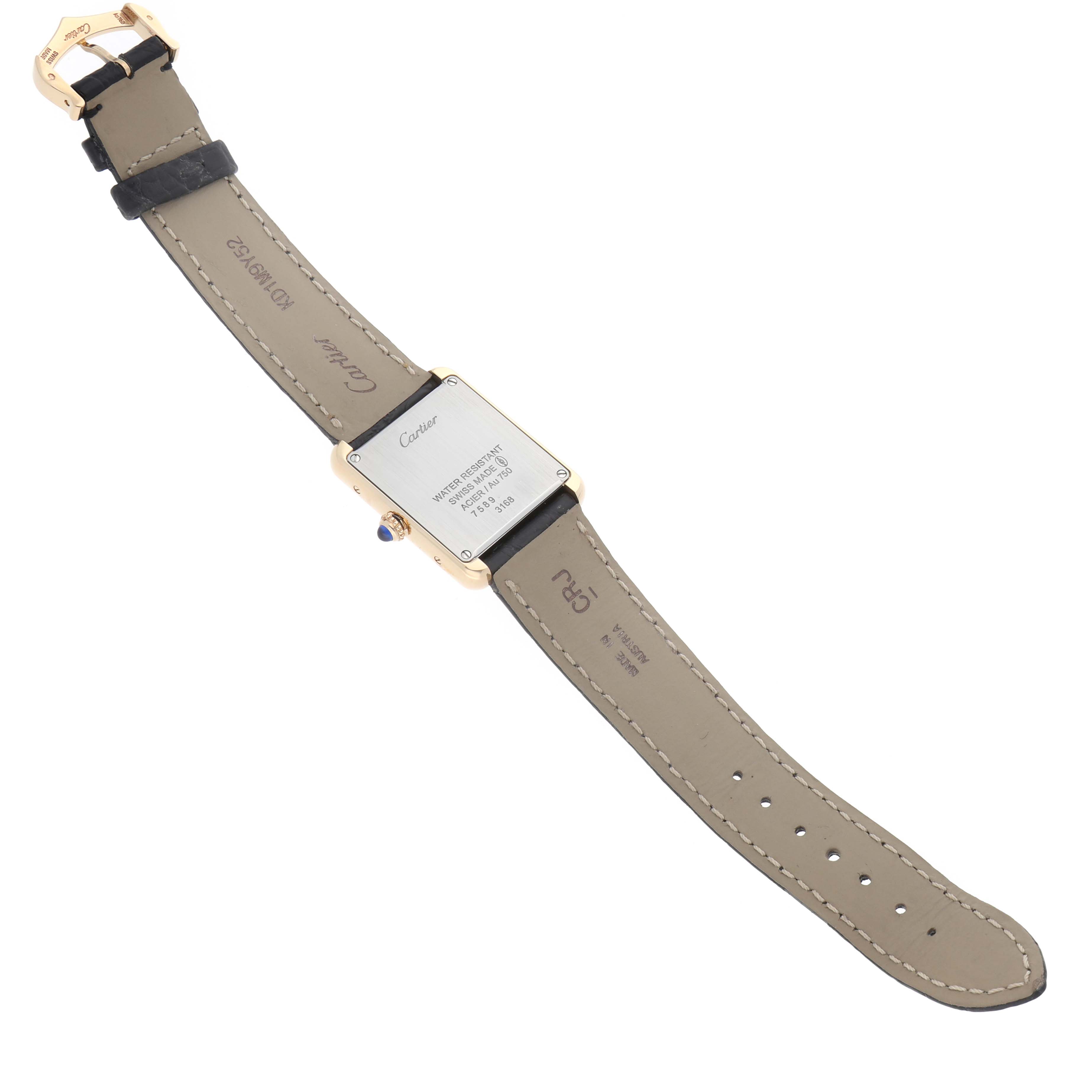 The Cartier Tank Solo W5200002 Women's Steel and Gold (two tone) Silver Dial watch is shown from the back, highlighting the case back, leather strap, and buckle.