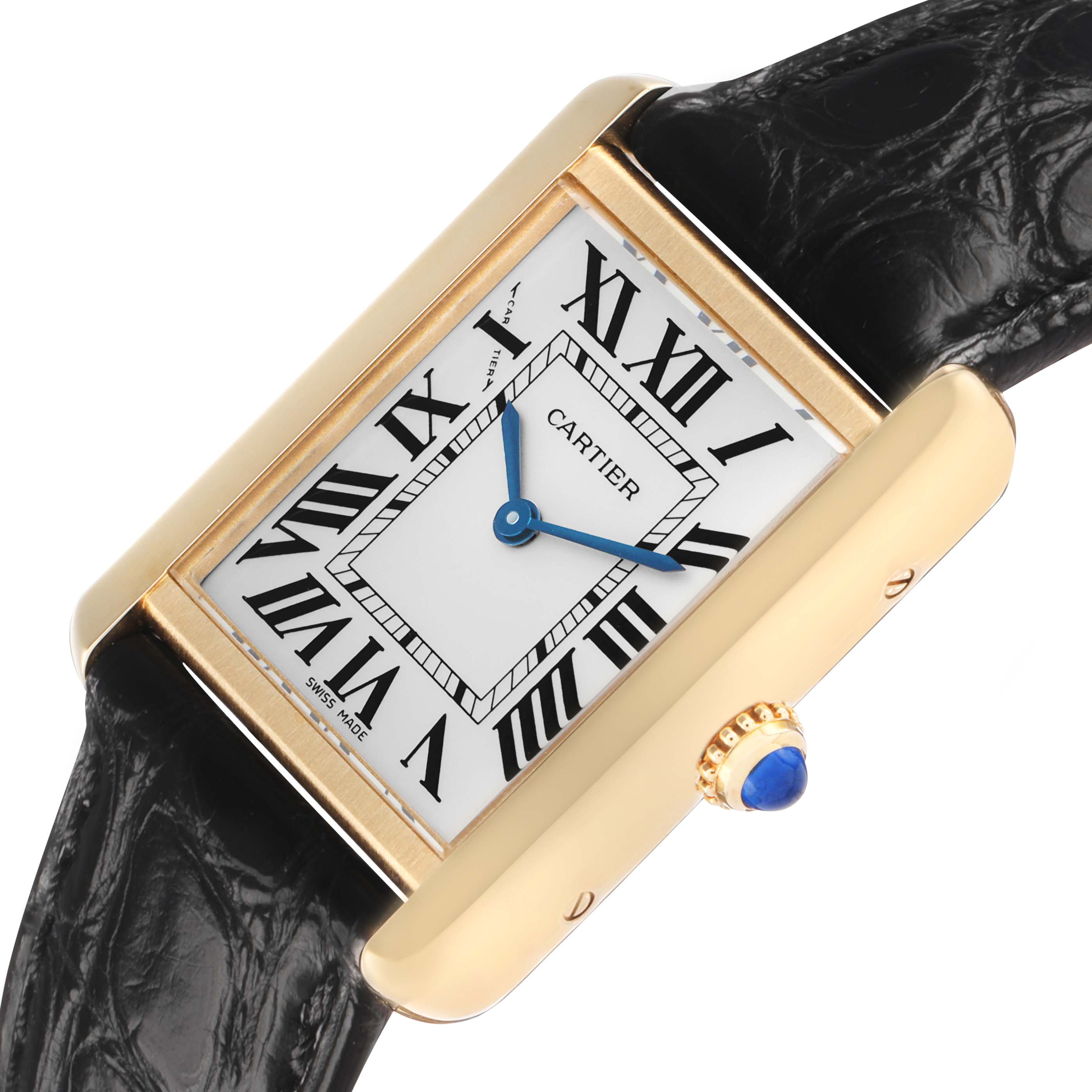 The Cartier Tank Solo W5200002 Women's Steel and Gold (two tone) Silver Dial watch is shown at an angle, displaying the face, blue hands, Roman numerals, crown, and leather strap.
