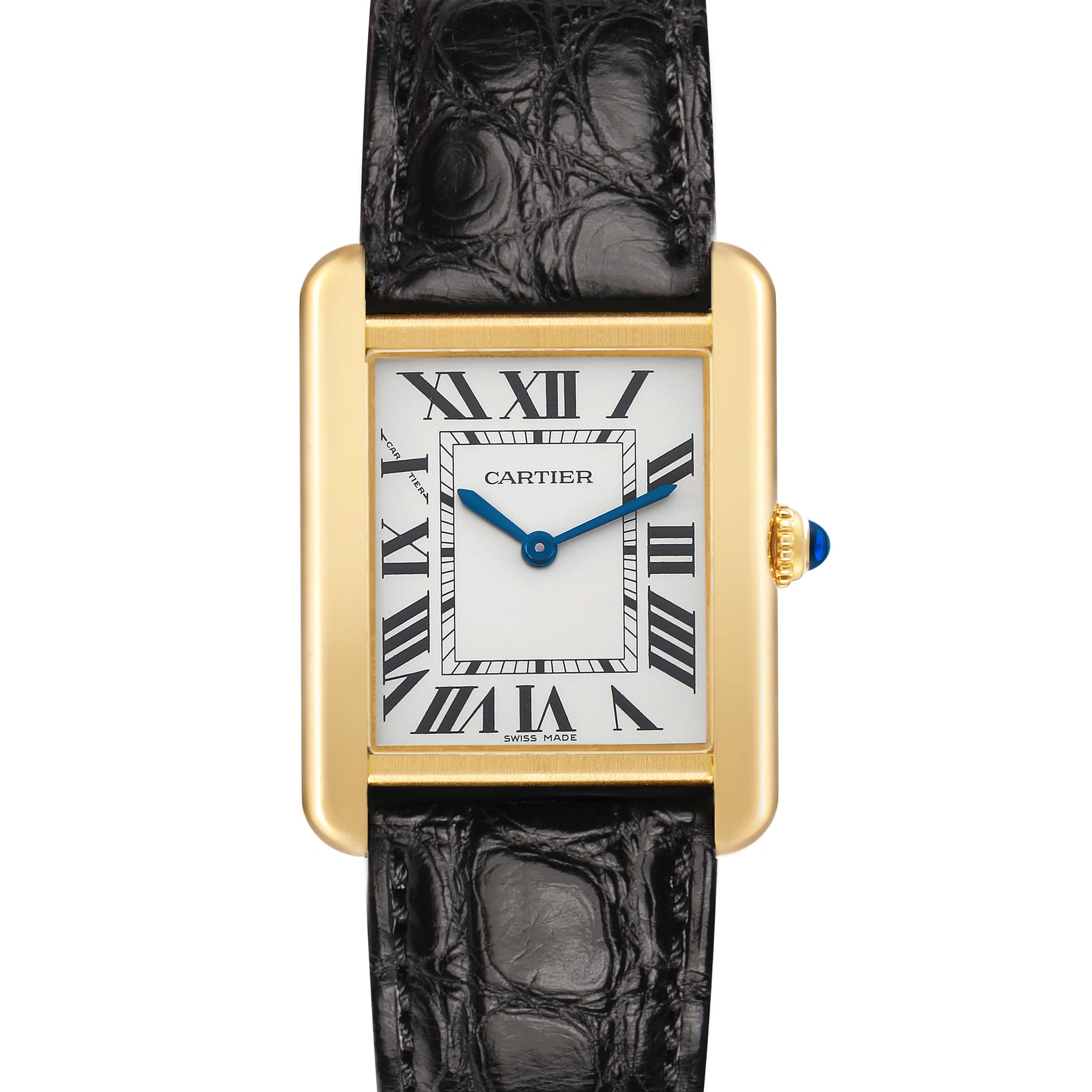 The Cartier Tank Solo W5200002 Women's Steel and Gold (two tone) Silver Dial watch is shown from a front angle, featuring the face, strap, and crown.