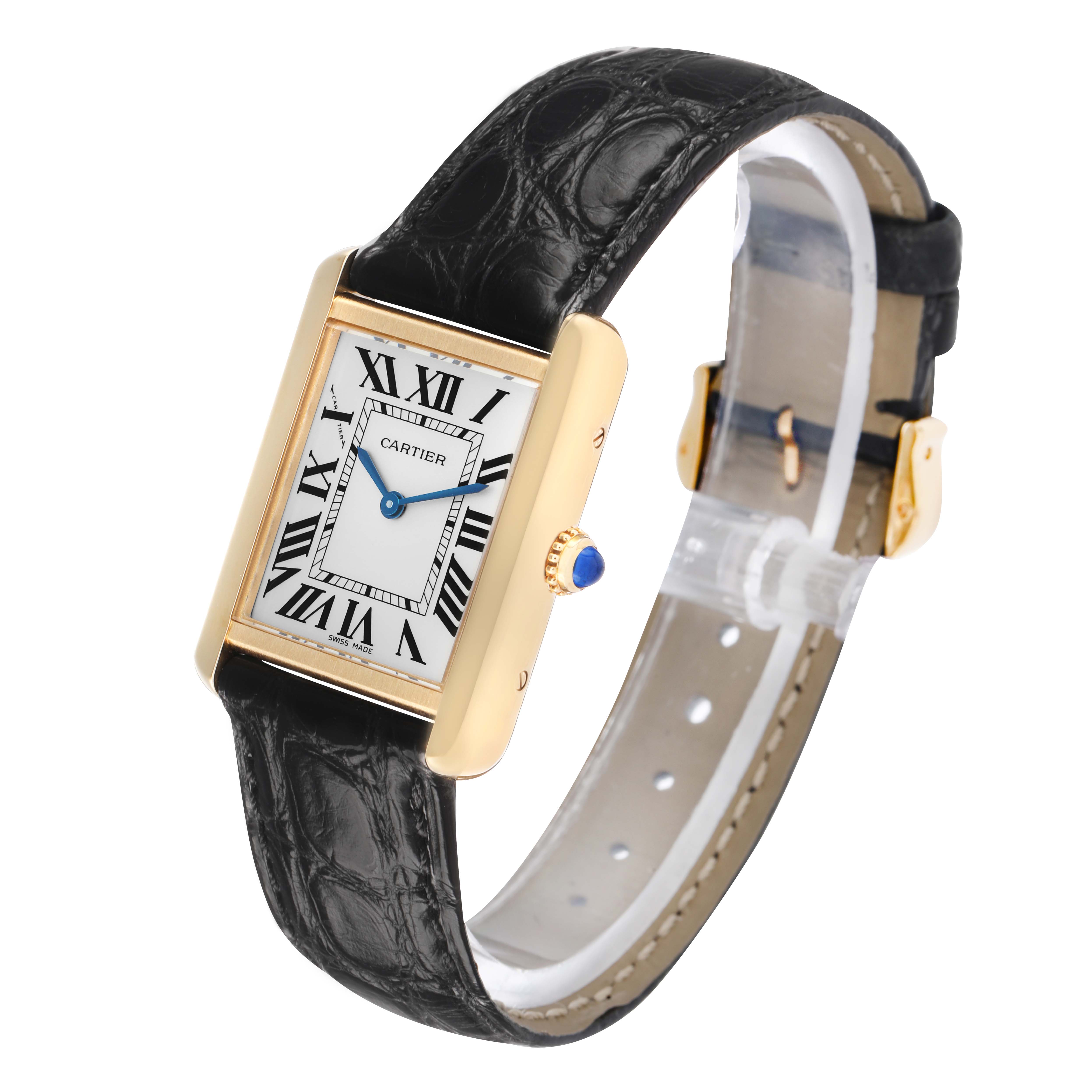 The Cartier Tank Solo W5200002 Women's Steel and Gold (two tone) Silver Dial watch is shown at an angled view highlighting the dial, case, crown, and strap.