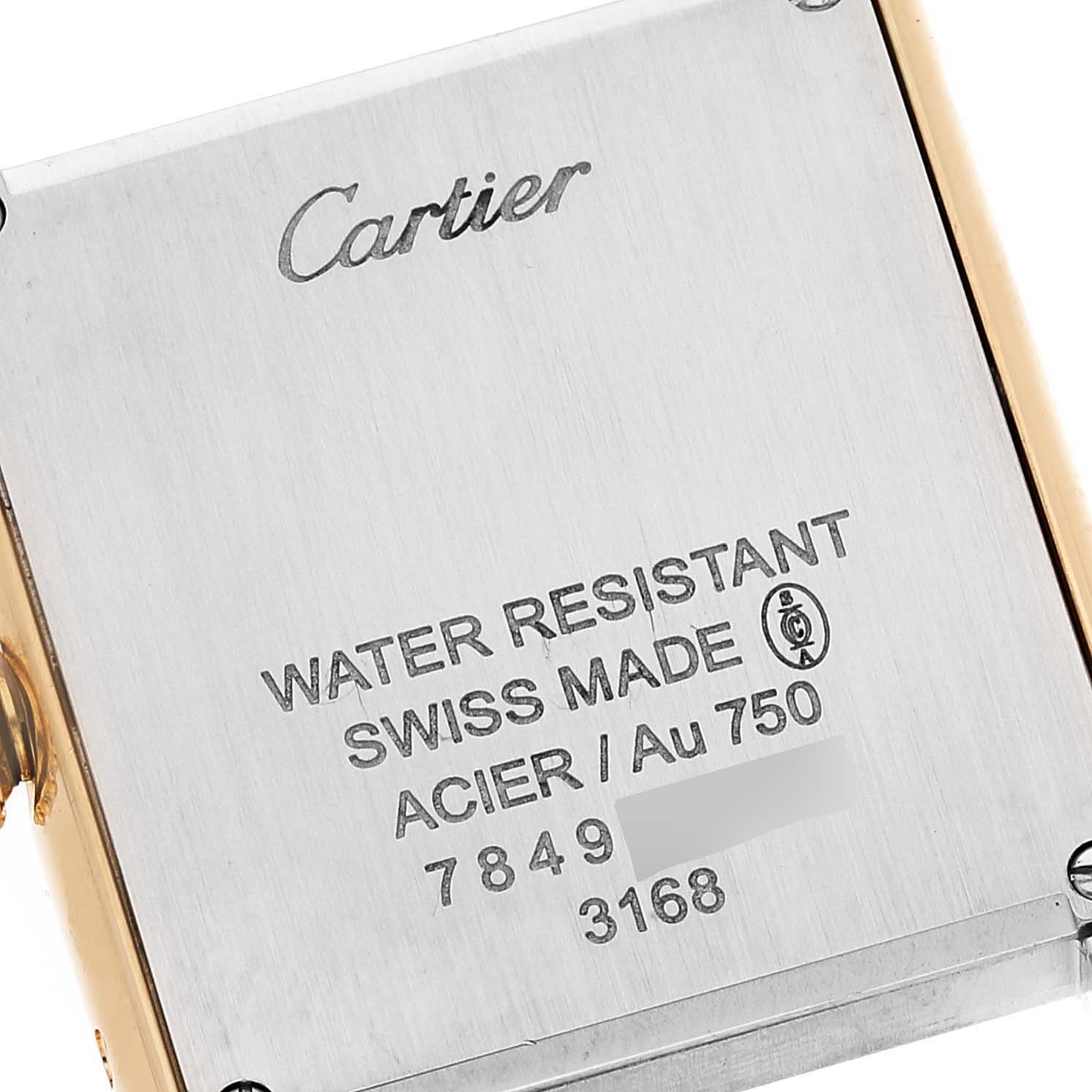 This image shows the back of a Cartier Tank Solo W5200002 Women's Yellow Gold Silver Dial W5200002 Women's Yellow Gold Silver Dial watch with model information and specifications.