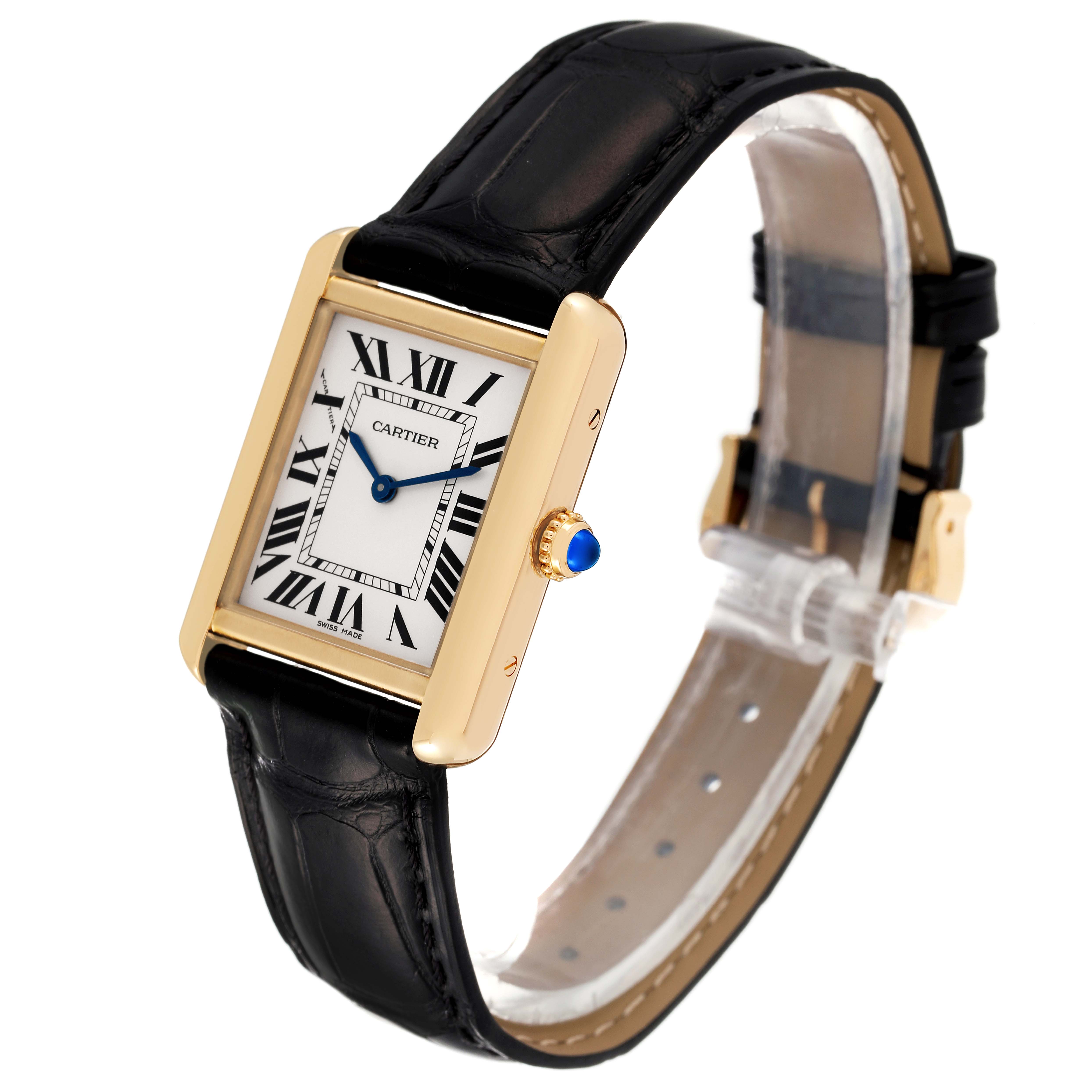The image shows a Cartier Tank Solo W5200002 Women's Yellow Gold Silver Dial W5200002 Women's Yellow Gold Silver Dial watch with a black leather strap, rectangular gold case, and Roman numeral dial viewed at a slight angle.