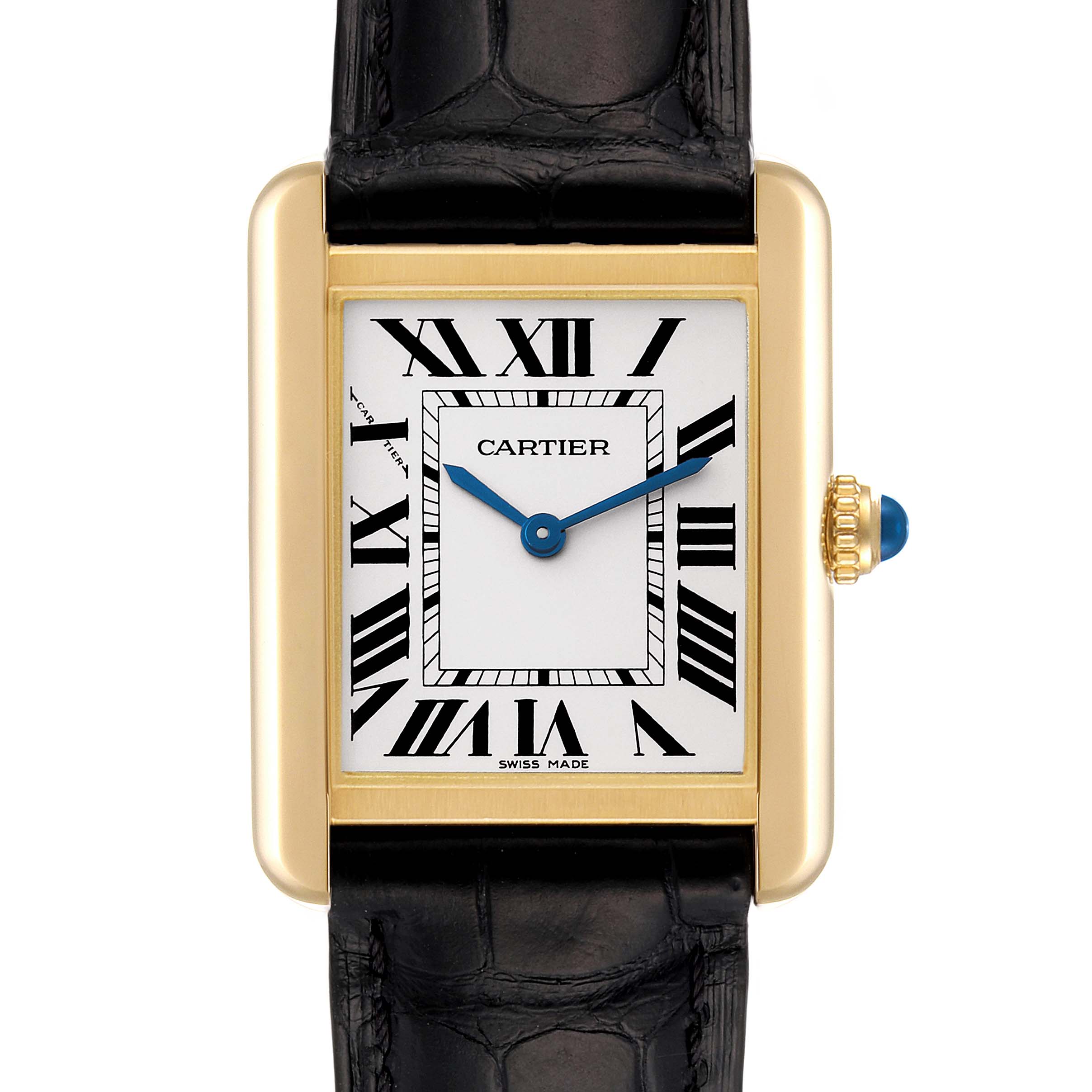 This image shows a frontal view of a Cartier Tank Solo W5200002 Women's Yellow Gold Silver Dial W5200002 Women's Yellow Gold Silver Dial watch, highlighting its rectangular face, Roman numerals, and leather strap.