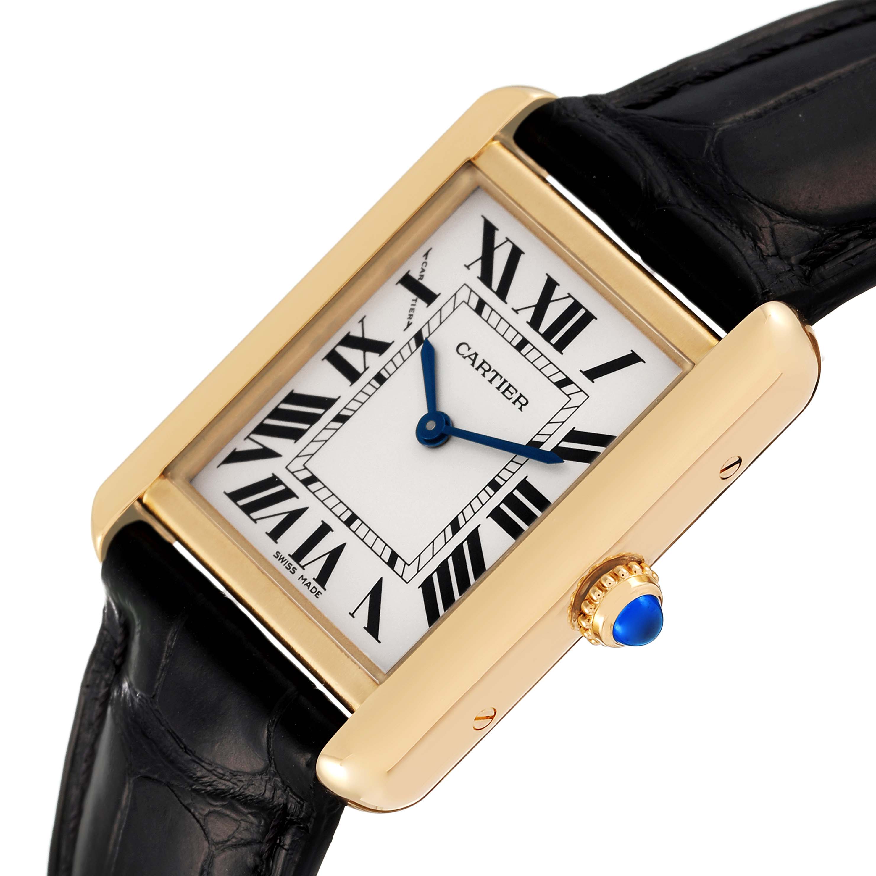 The image shows a Cartier Tank Solo W5200002 Women's Yellow Gold Silver Dial W5200002 Women's Yellow Gold Silver Dial watch from an angled perspective, highlighting the face, strap, and crown.