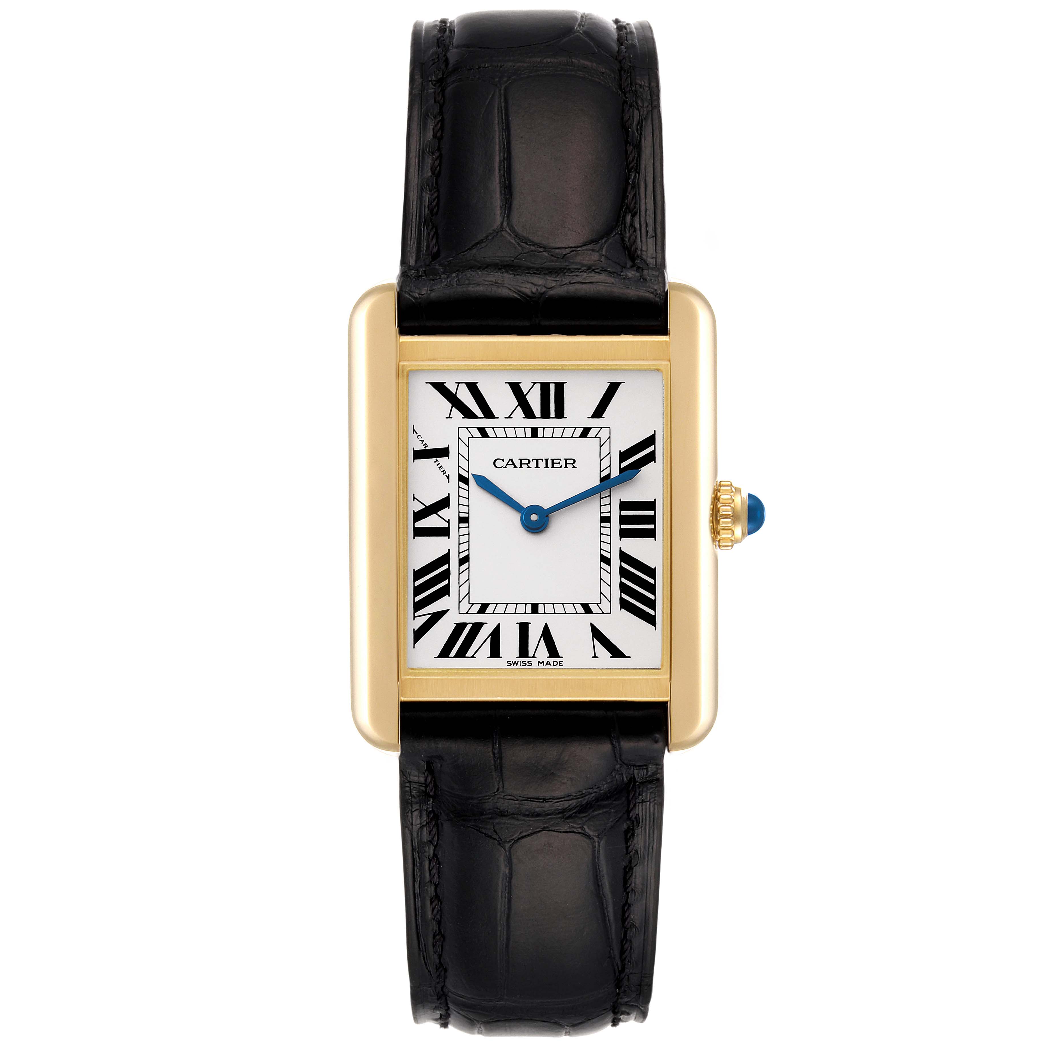The image shows a front view of the Cartier Tank Solo W5200002 Women's Yellow Gold Silver Dial W5200002 Women's Yellow Gold Silver Dial watch, displaying its rectangular face, Roman numerals, and black leather strap.