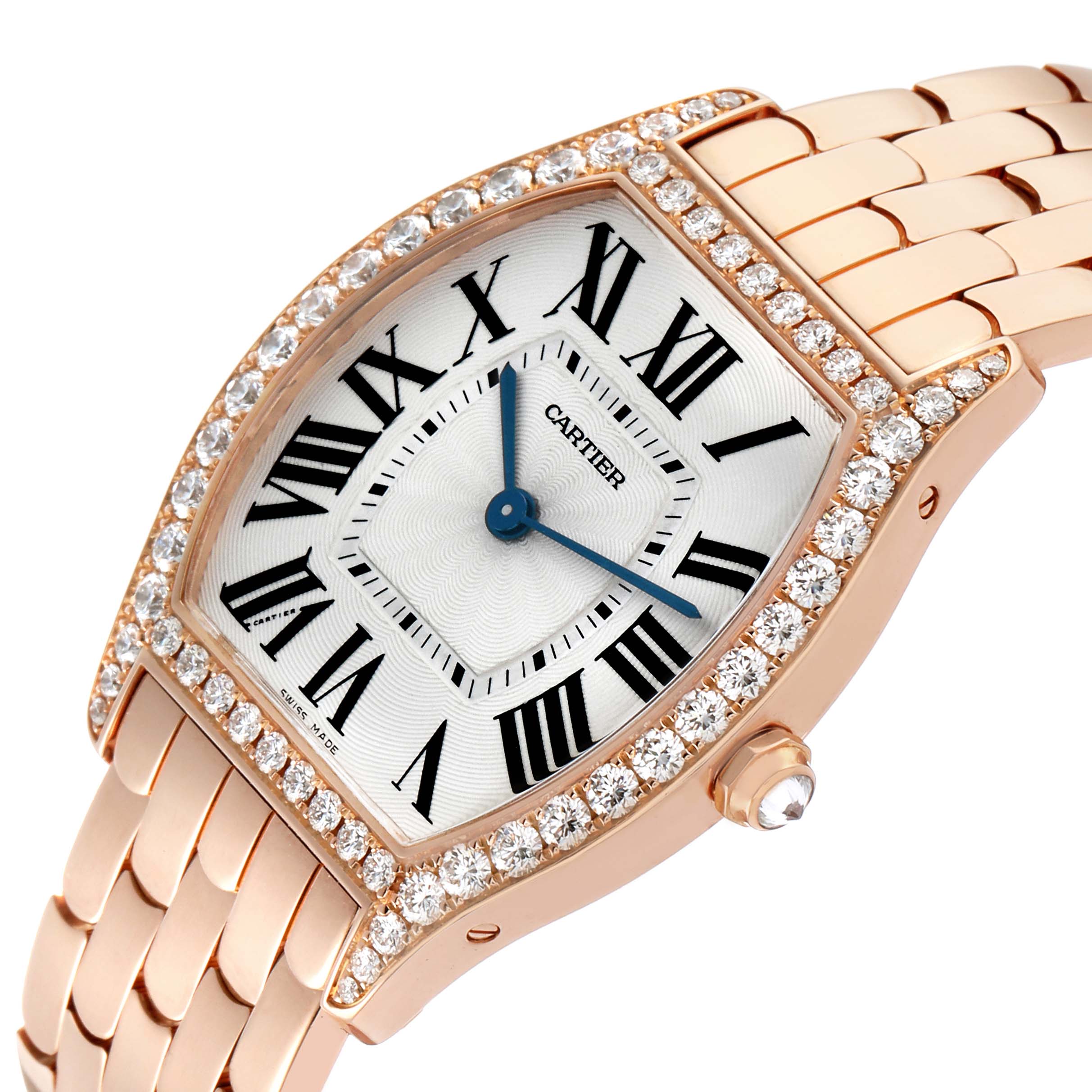 The Cartier Tortue WA501012 Women's Rose Gold Silver Dial watch is shown at an angled view, highlighting the dial, diamond bezel, and part of the bracelet.