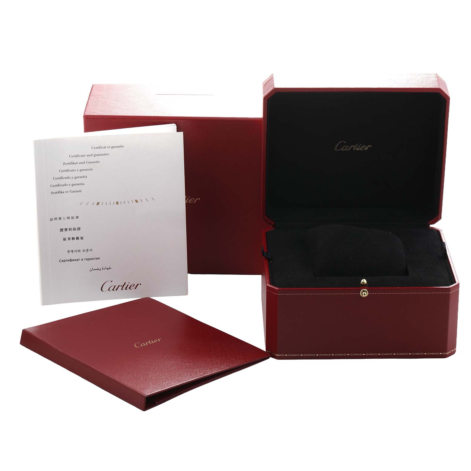 The image shows an open Cartier Tortue WA501012 Women's Rose Gold Silver Dial watch box with branded documents and an exterior box beside it.