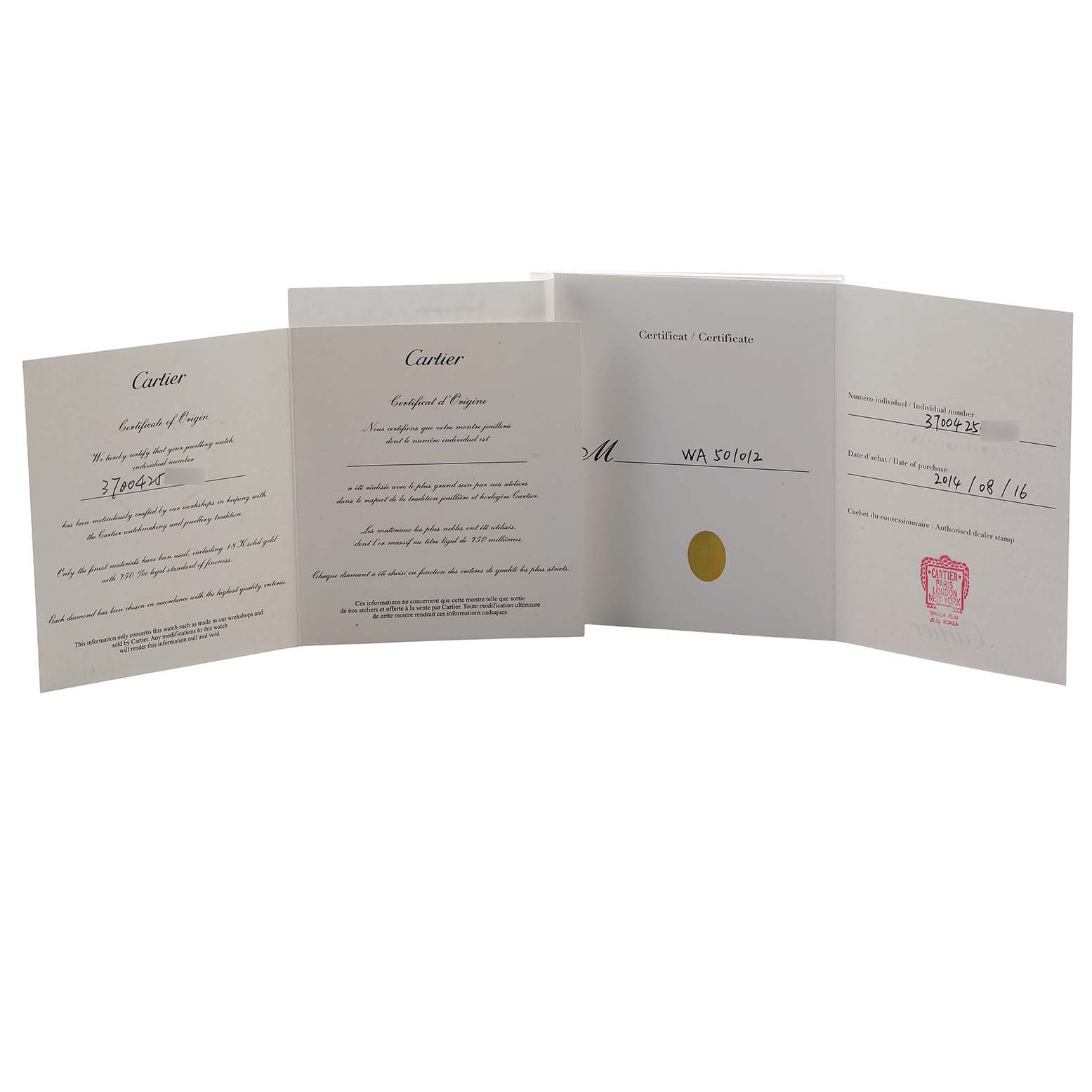 This image shows the certificates and documentation for a Cartier Tortue WA501012 Women's Rose Gold Silver Dial watch displayed open on a flat surface.