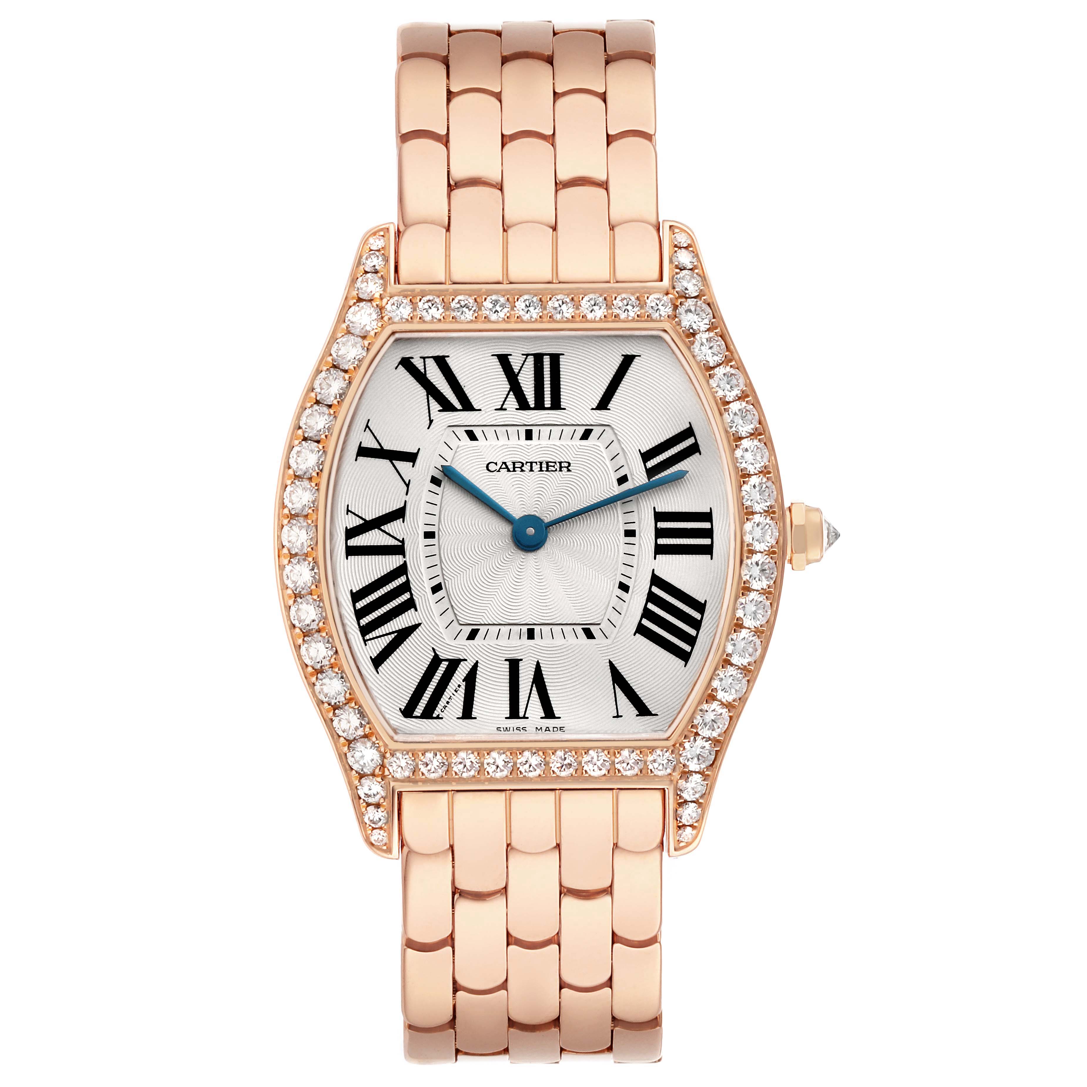 The Cartier Tortue WA501012 Women's Rose Gold Silver Dial watch is shown from the front, featuring its dial, case, and bracelet.
