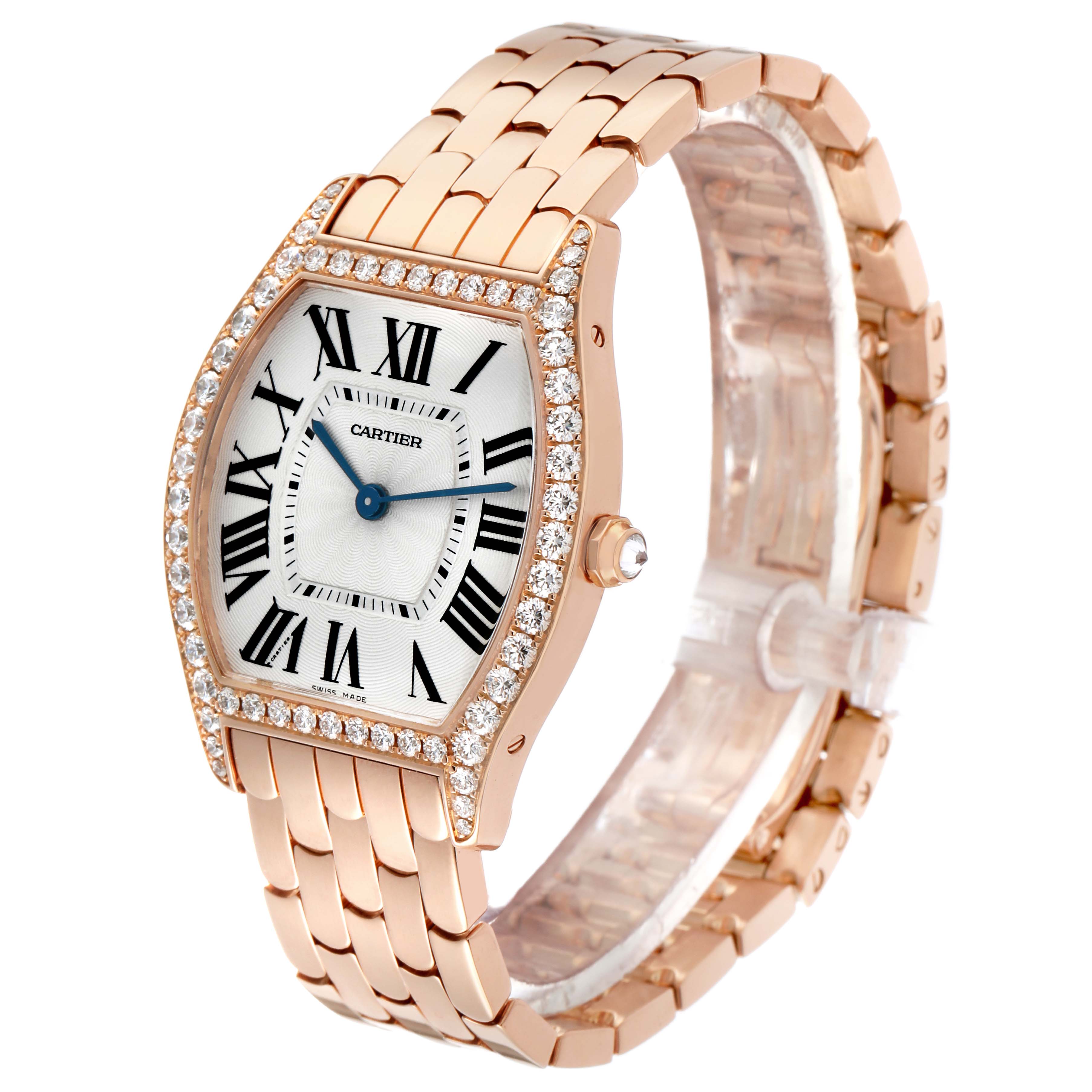 The Cartier Tortue WA501012 Women's Rose Gold Silver Dial watch is shown from a slight angle, displaying the face, bezel, crown, and bracelet.