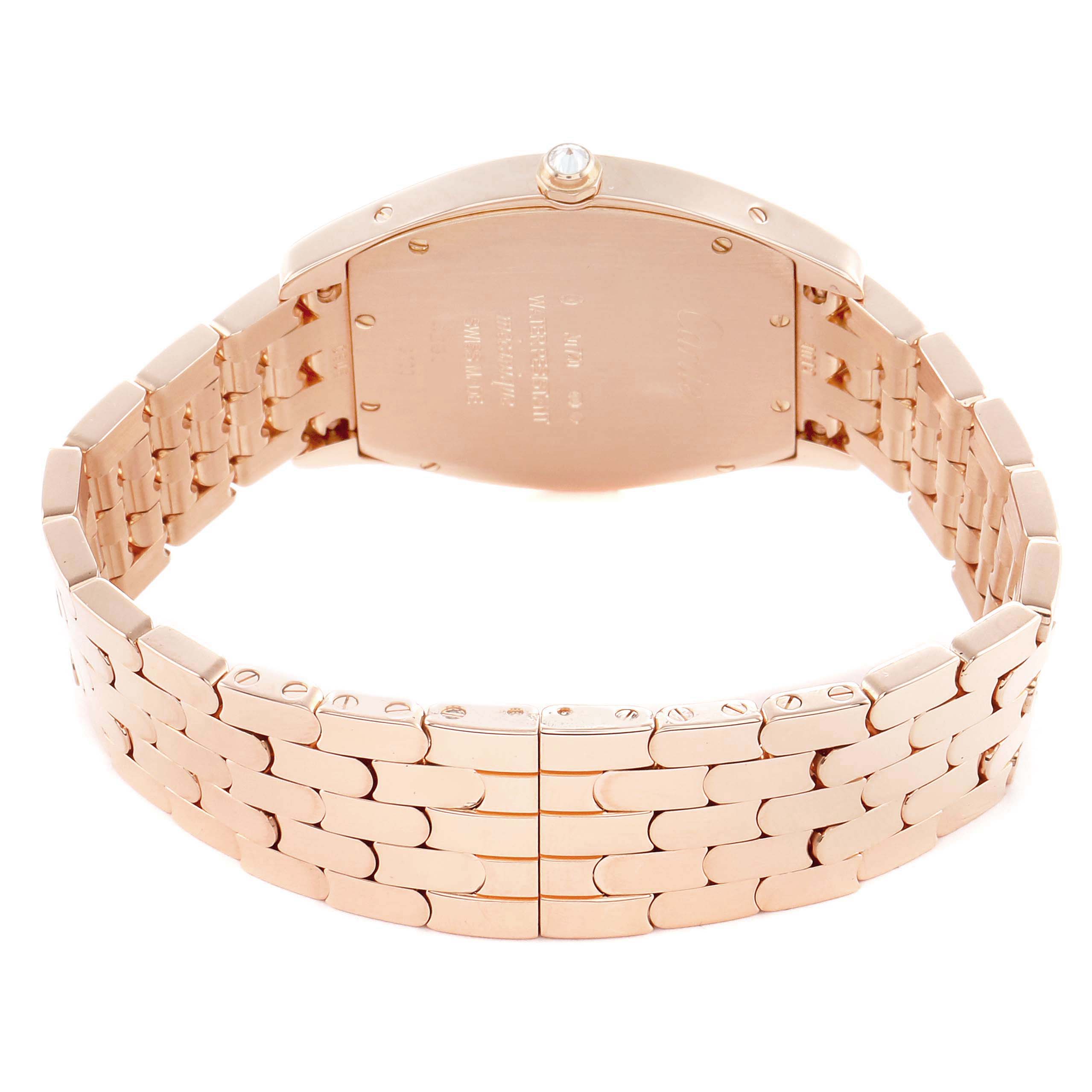 The image shows the back of a Cartier Tortue WA501012 Women's Rose Gold Silver Dial watch, highlighting its case back and metal bracelet.